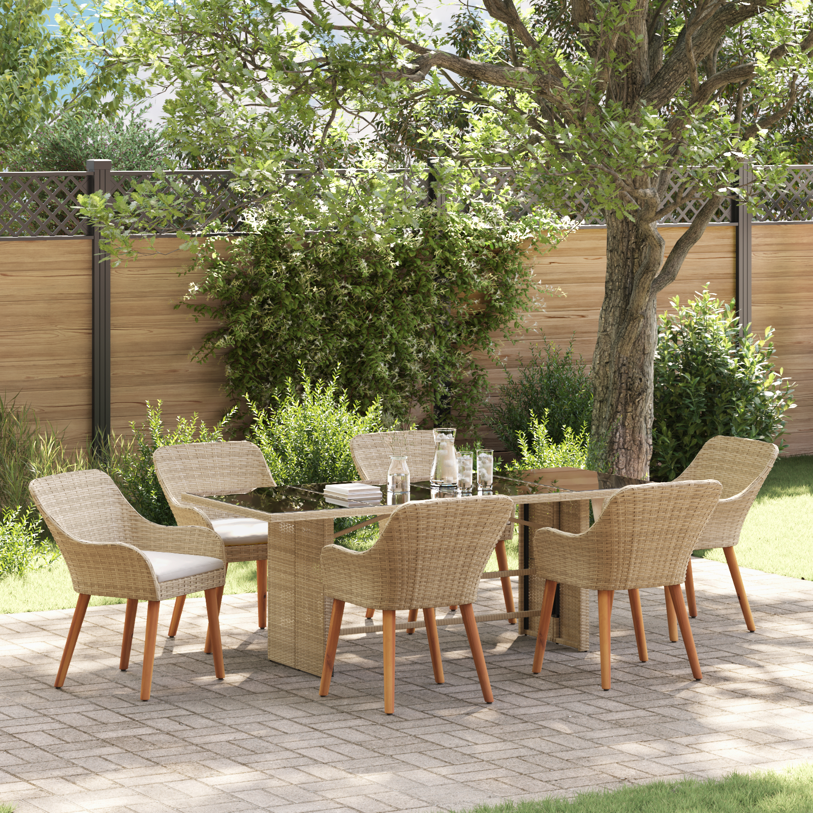 7 Piece Garden Dining Set Beige Poly Rattan