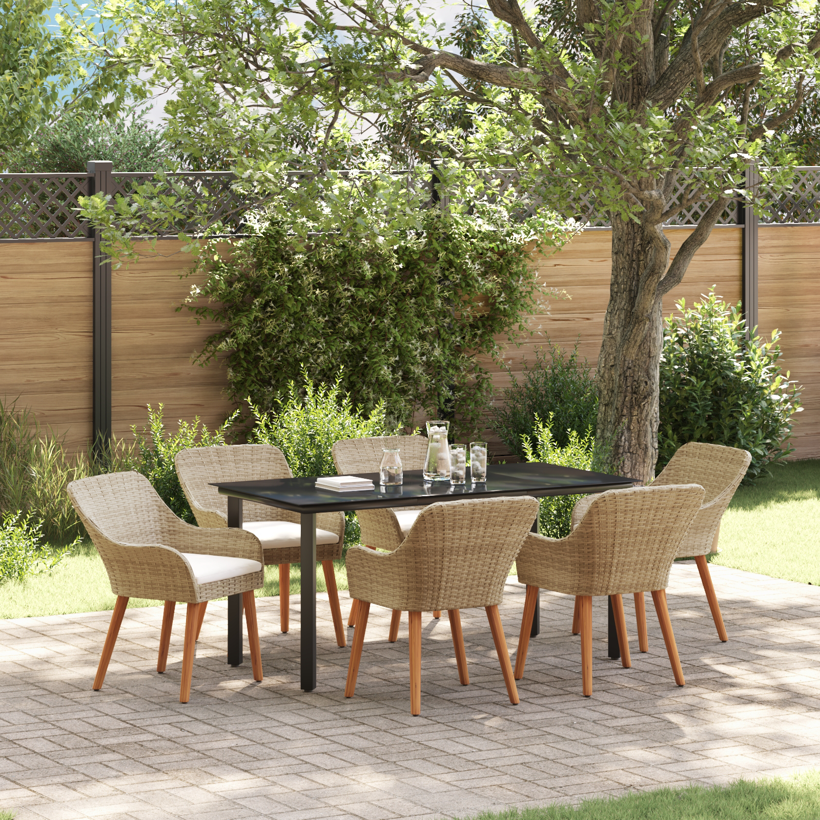 7 Piece Garden Dining Set Beige Poly Rattan