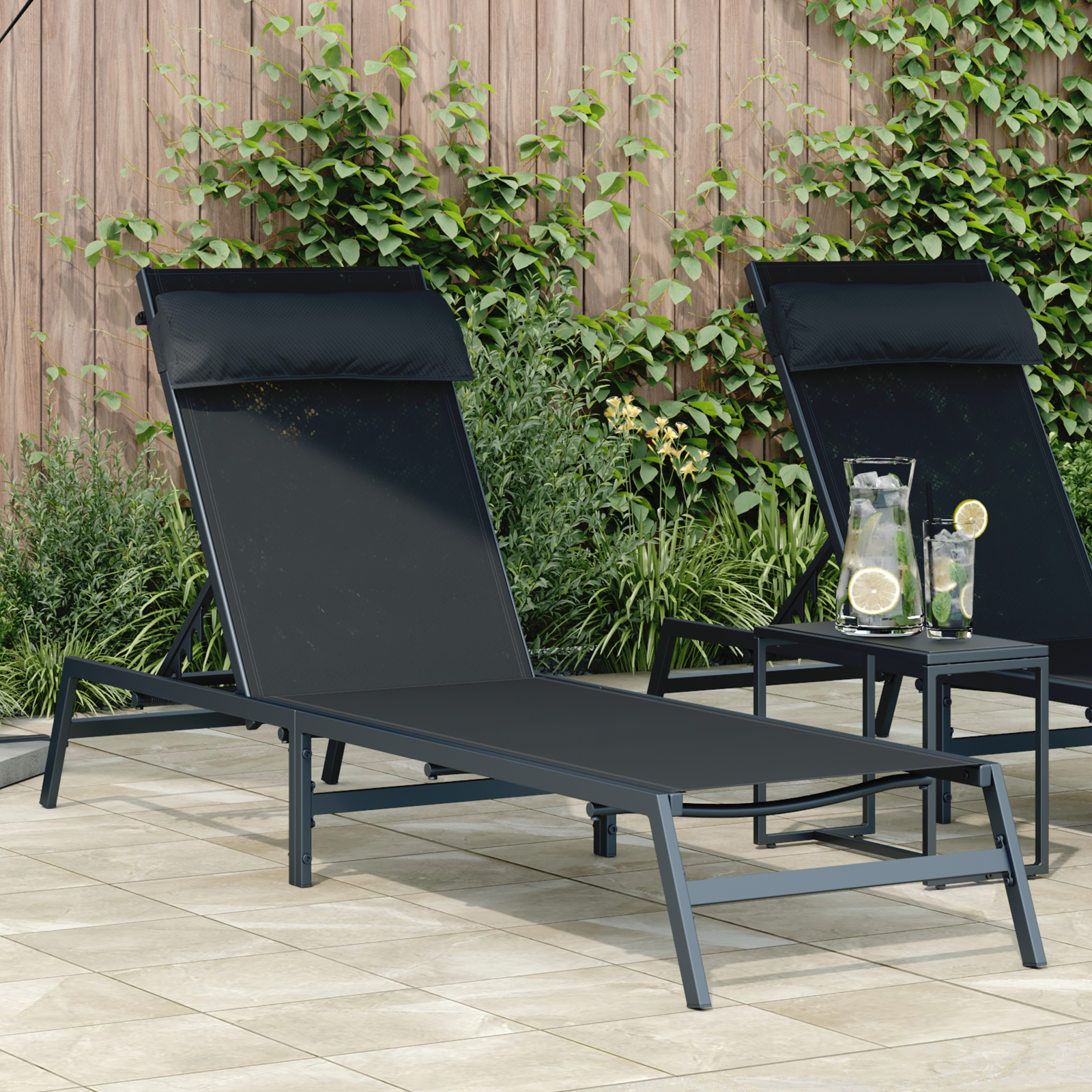 Mobilier relaxare exterior - Șezlong Negru Oțel, Textilenă Single Cotiere reglabile