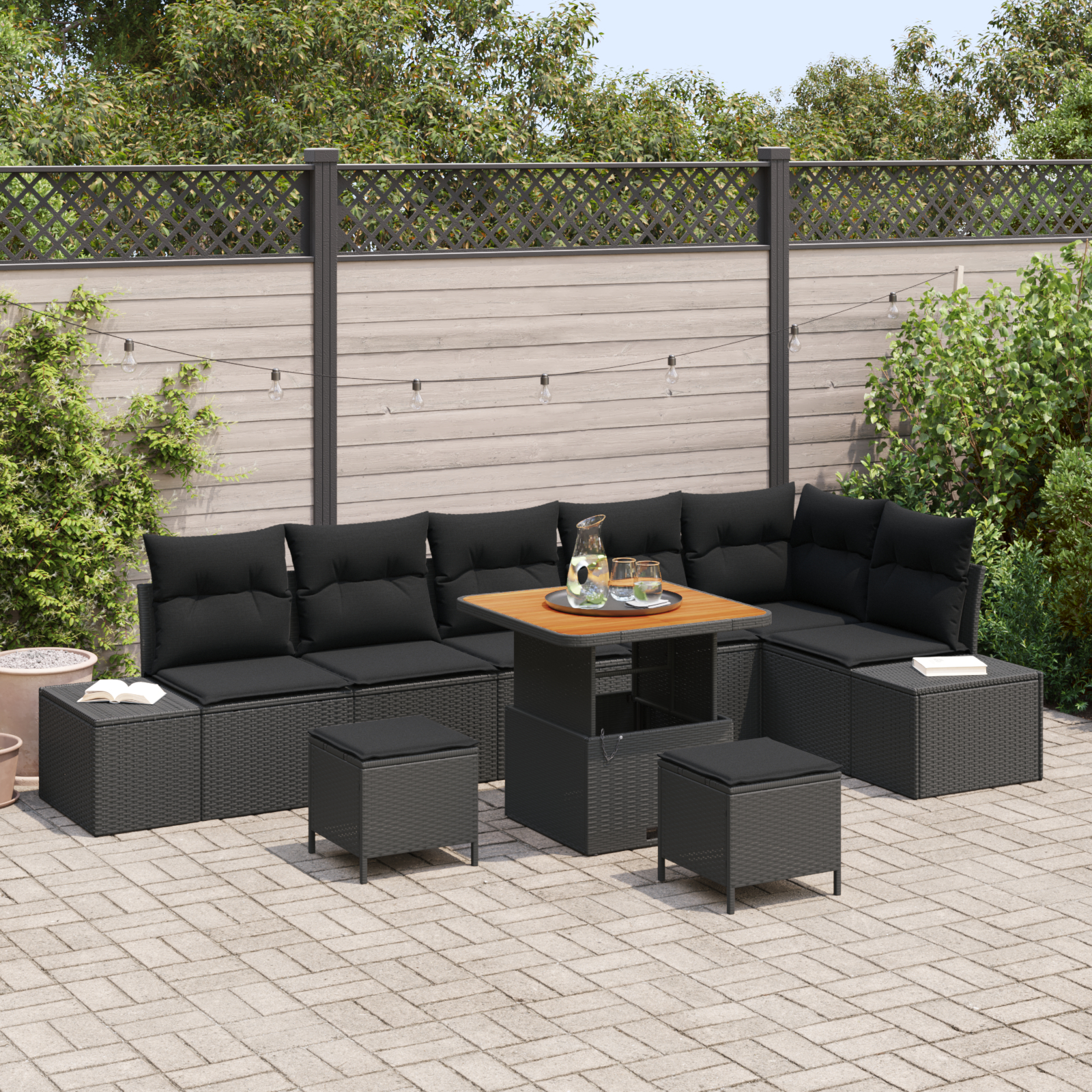 Mobilier relaxare exterior - Set canapea grădină  9 piese perne Negru Poliratan Acacia, Canapea grădină  2 locuri cu depozitare și perne Negru Poliratan, Set dining grădină  3 piese cu perne Negru Poliratan Acacia