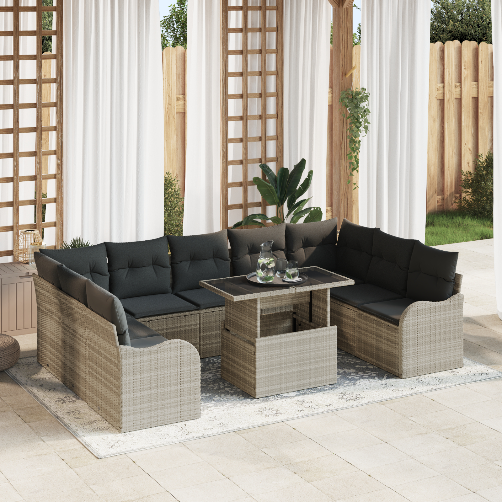 Mobilier relaxare exterior - Set de Canapea Grădină  10 Piese cu Perne Gri Deschis din Ratan Poly, Canapea Grădină  2 Locuri cu Perne Gri Deschis din Ratan Poly