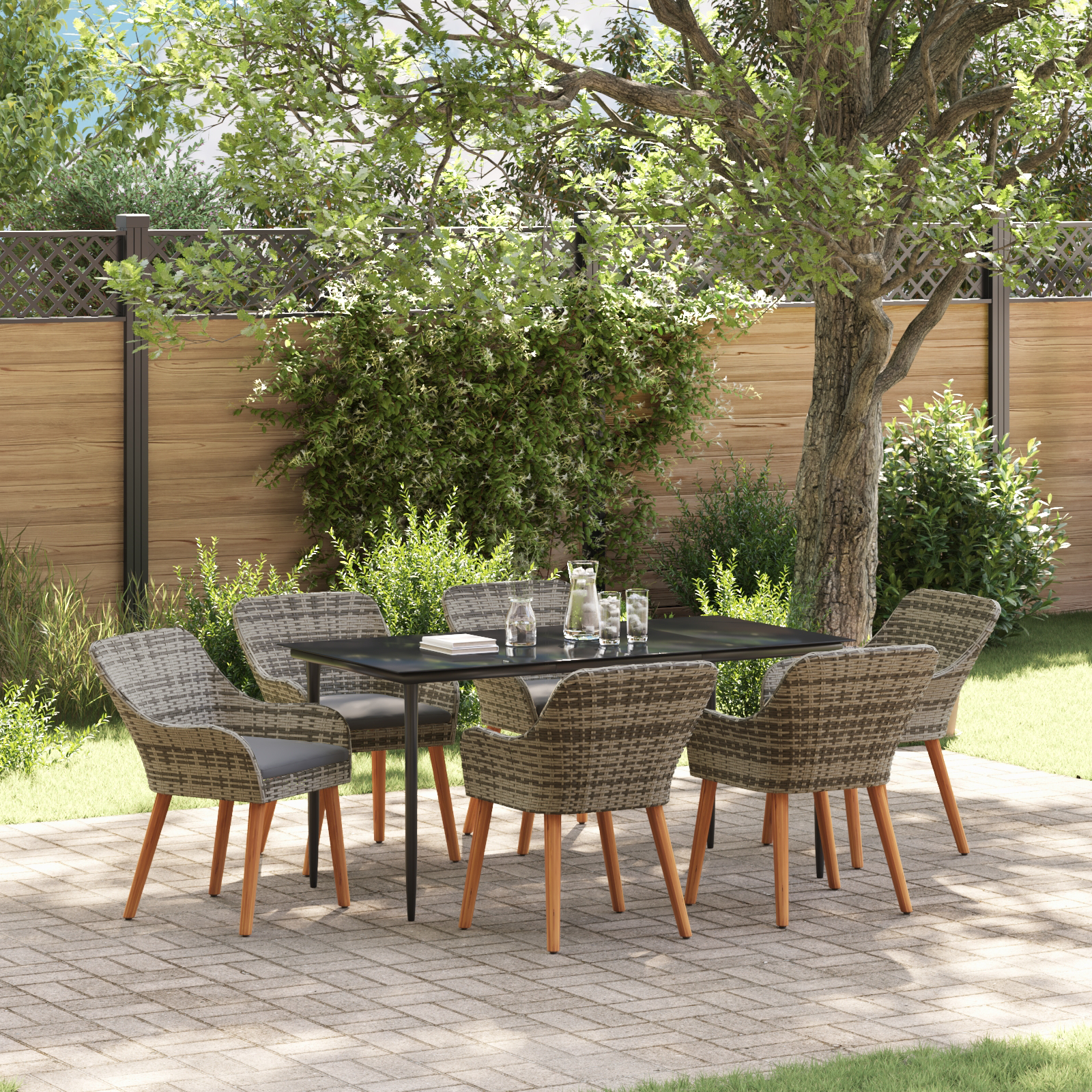 7 Piece Garden Dining Set Grey Poly Rattan