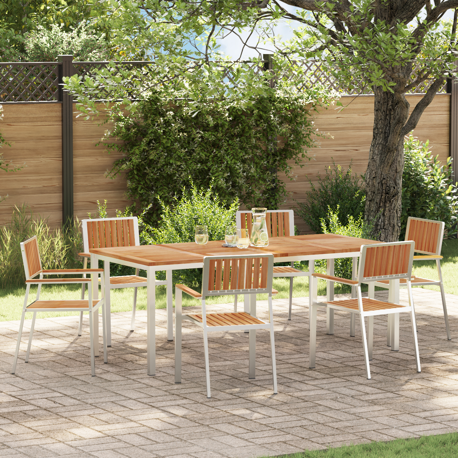7 Piece Garden Dining Set Solid Wood Teak, vidaXL Outdoor Dining Table 200x90x74.5 cm Solid Wood Teak, vidaXL Stackable Garden Chairs 2 pcs Solid Wood Teak and Metal, vidaXL Stackable Garden Chairs 4 pcs Solid Wood Teak and Metal