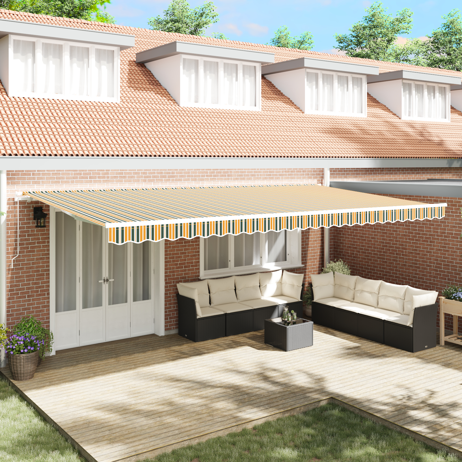 vidaXL Manuelle einziehbare Markise Grün und Gelb 600x300 cm,  Markisen-Ersatzstoff für 6x3 m Rahmen Grün und Gelb