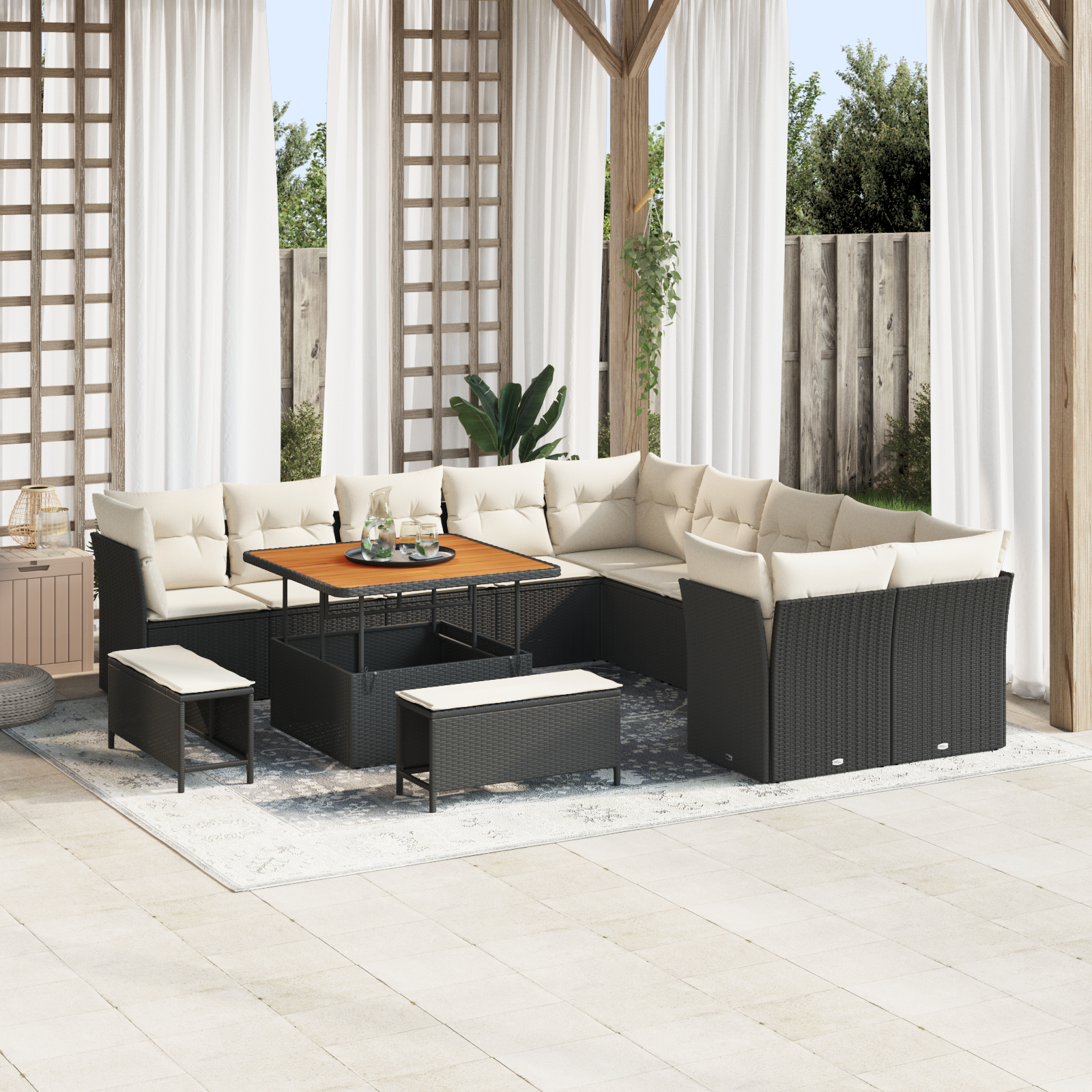 Mobilier relaxare exterior - Set de canapea de grădină  cu 13 piese cu perne Negru Poliratan Acacia, Set de dining de grădină  cu 3 piese cu perne Negru Poliratan Acacia