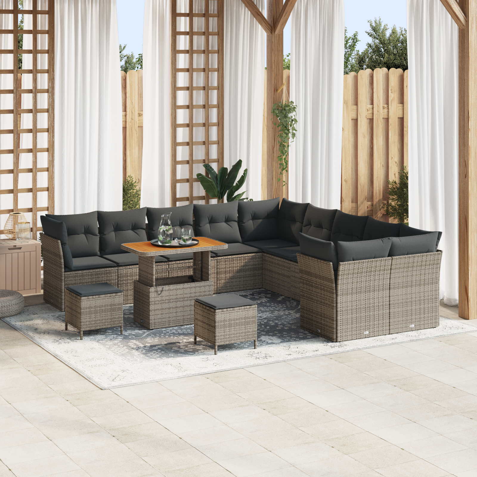 Mobilier relaxare exterior - Set de Canapea pentru Grădină de 13 Piese cu Perne Gri Poliratan Acacia, Set de Dining pentru Grădină de 3 Piese cu Perne Gri Poliratan Acacia