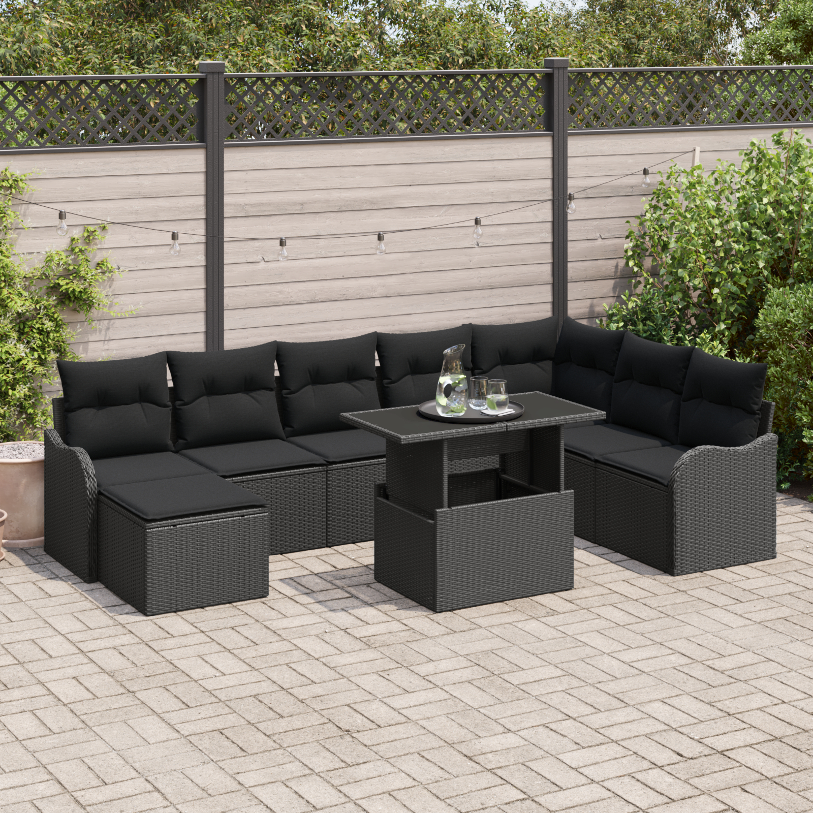 Mobilier relaxare exterior - Set de 9 Piese Canapea Grădină cu Perne Negru Poliratan,  Canapea Grădină pentru Două Persoane cu Perne Negru Poliratan