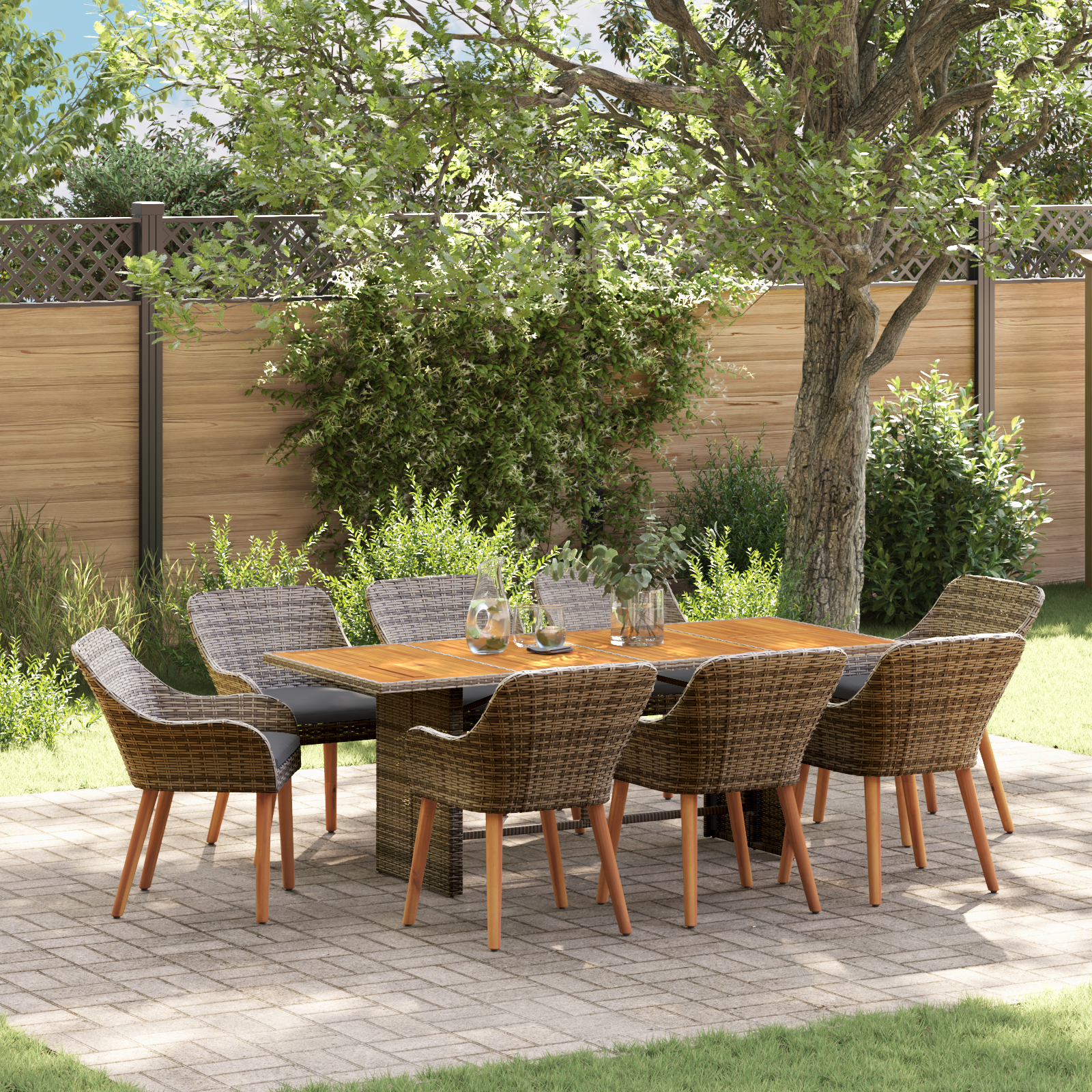 9 Piece Garden Dining Set Grey Poly Rattan