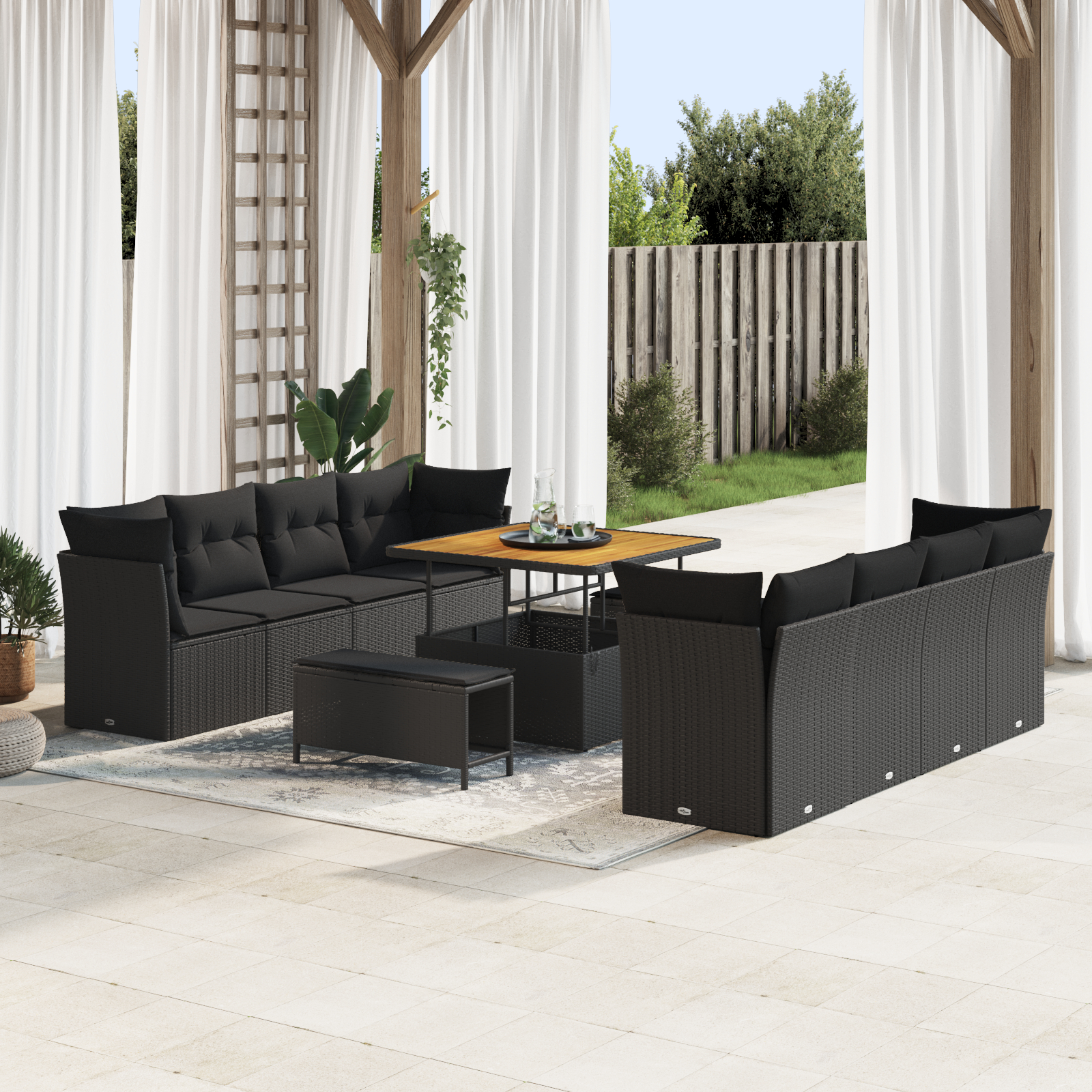 vidaXL 11-delni vrtni sofa set z blazinami črna poli ratan akacija, vidaXL 3-delni vrtni jedilni set z blazinami črna poli ratan akacija