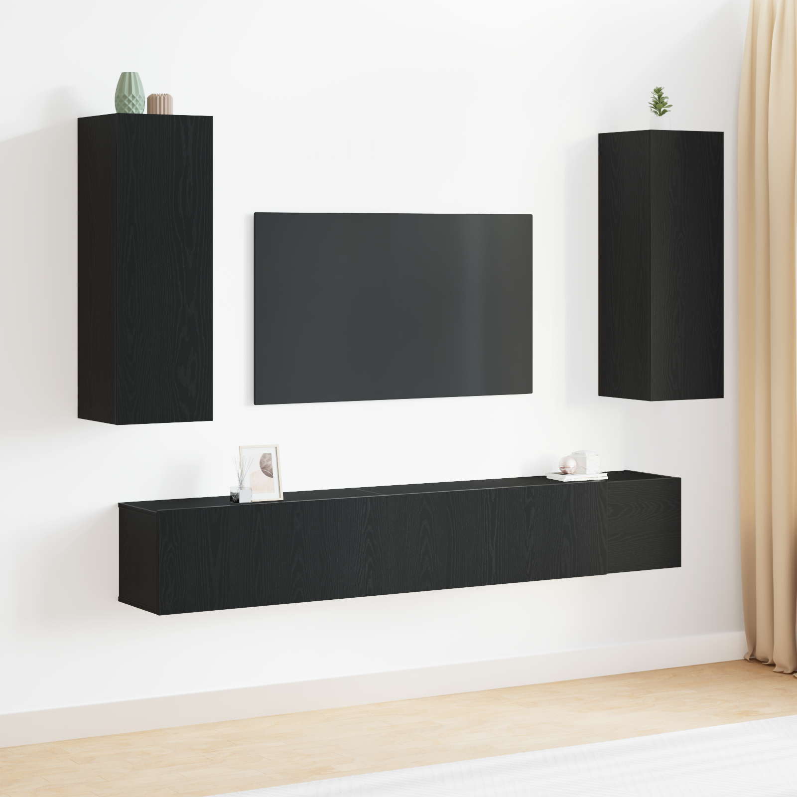 Suport TV & Masă TV - Set mobilă TV în 5 piese din lemn prelucrat de stejar negru,  Mobilier TV montat pe perete (set de 2) - Stejar negru, 80x30x30 cm, fabricat din lemn prelucrat,  Mobilier TV montat pe perete - 2 pcs St