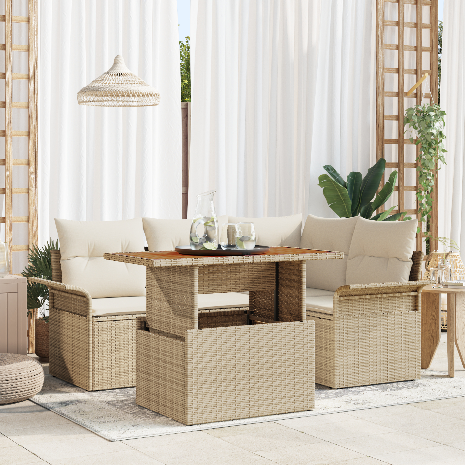 Juego de Sofás de Jardín de 5 Piezas con Cojines Beige Ratan Sintético, vidaXL Sofá de Jardín para 2 Personas con Almacenamiento y Cojines Beige Ratan Sintético