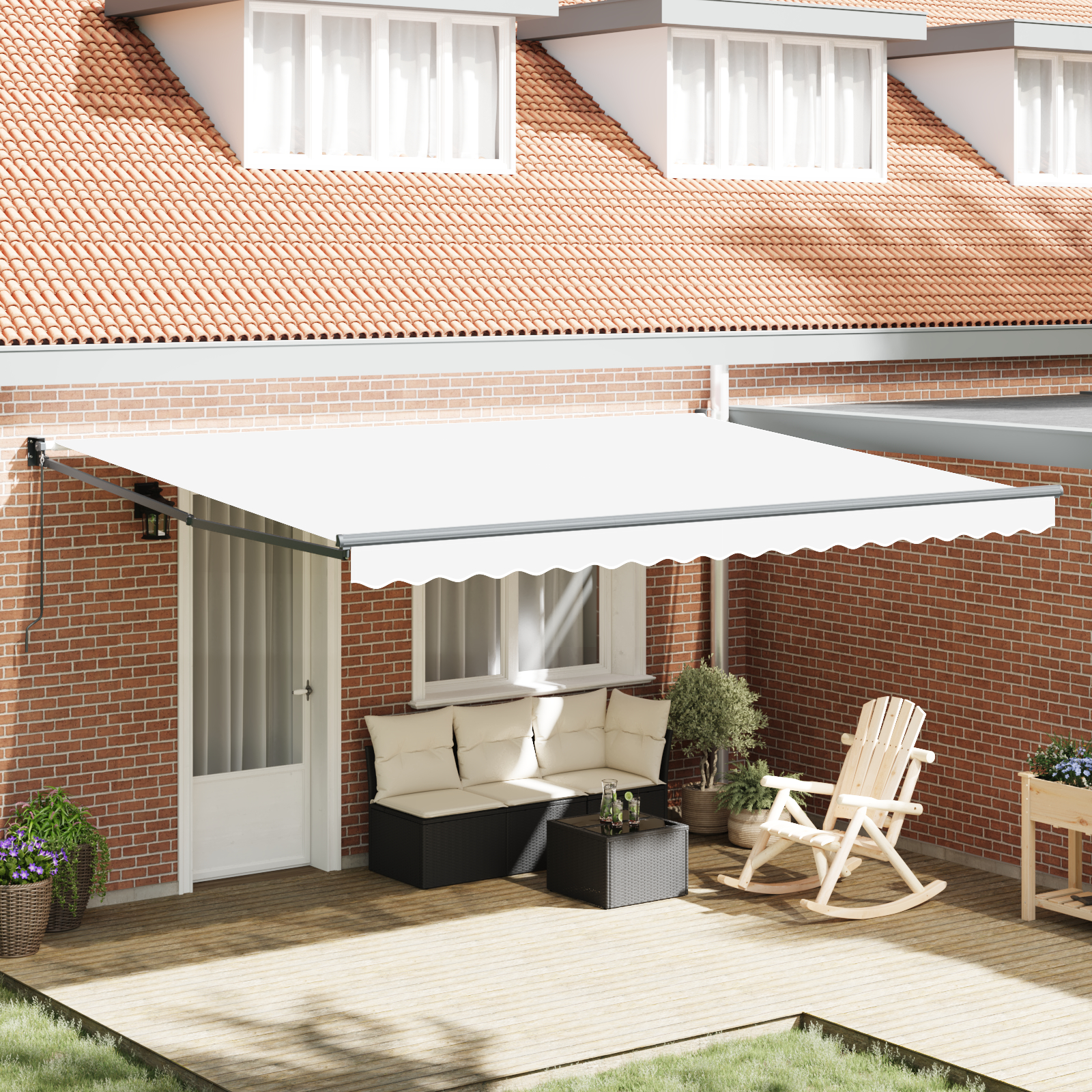 vidaXL Ročna Retraktibilna Tenda Bela 450x300 cm, vidaXL Nadomestna tkanina za tendo za okvir 4.5x3 m Bela