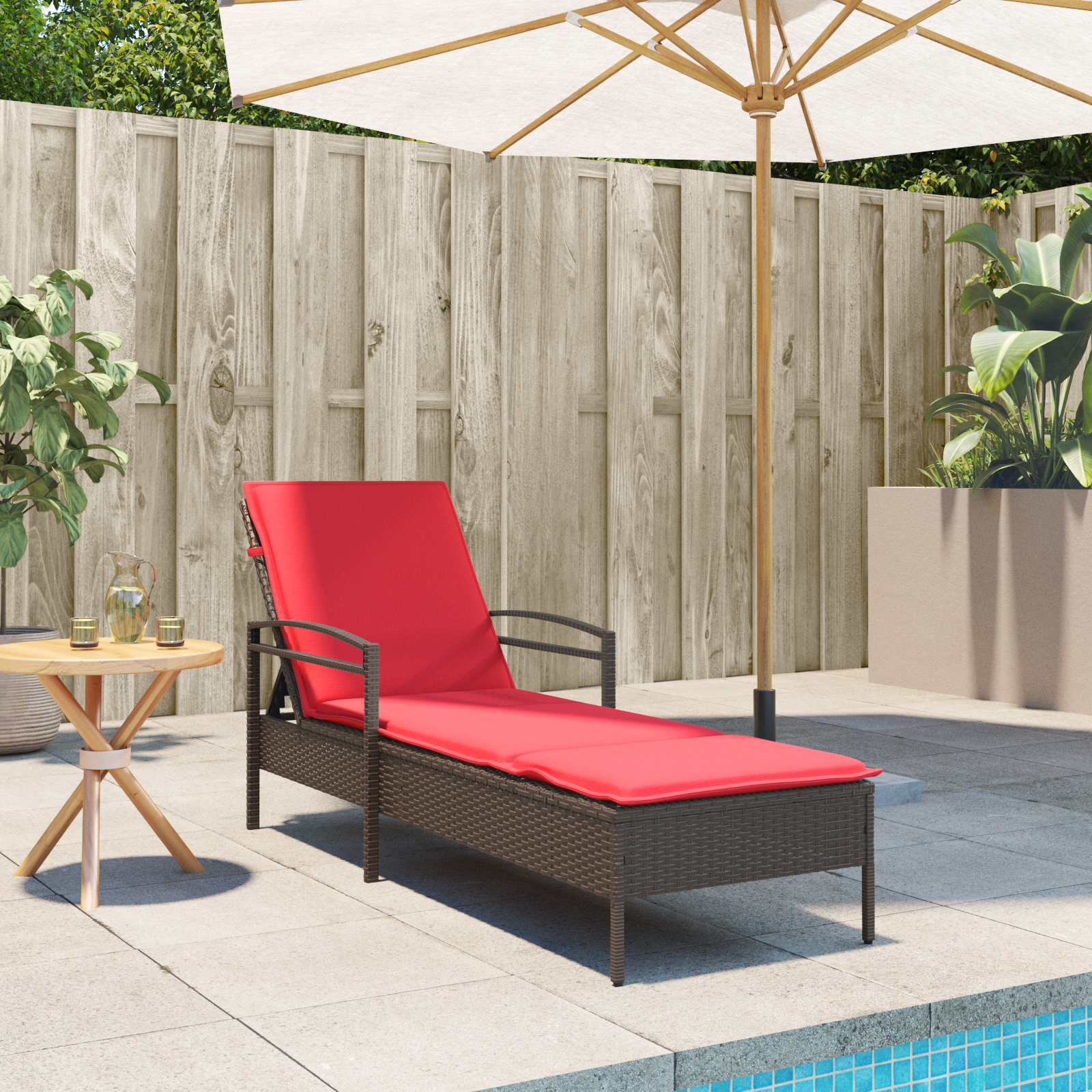 vidaXL ležalnik na soncu z blazino Rjava 63x200x81 cm Poli ratan