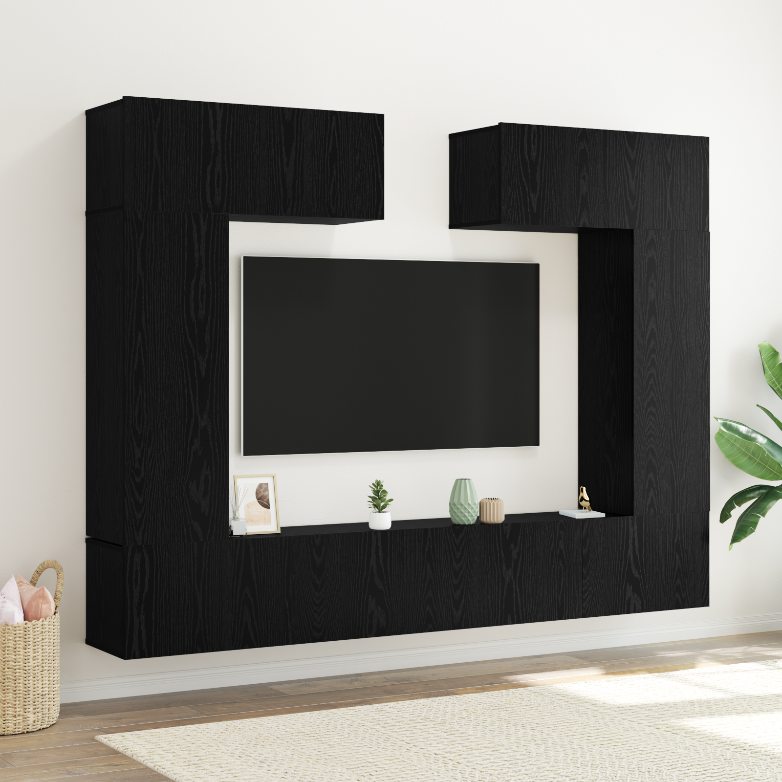 vidaXL 8-delige TV-kastenset Wandgemonteerd Zwart Eiken Spaanderplaten, vidaXL Zwart Eiken TV-stand 80x30x30 cm Gemaakt van Spaanderplaten, vidaXL Wandgemonteerde TV-kasten - 2 stuks Zwart Eiken, 30,5x30x90 cm, Gemaakt van Spaanderplaten, vidaXL TV-kasten 2 stuks Zwart Eiken 100x30x30 cm Spaanderplaten