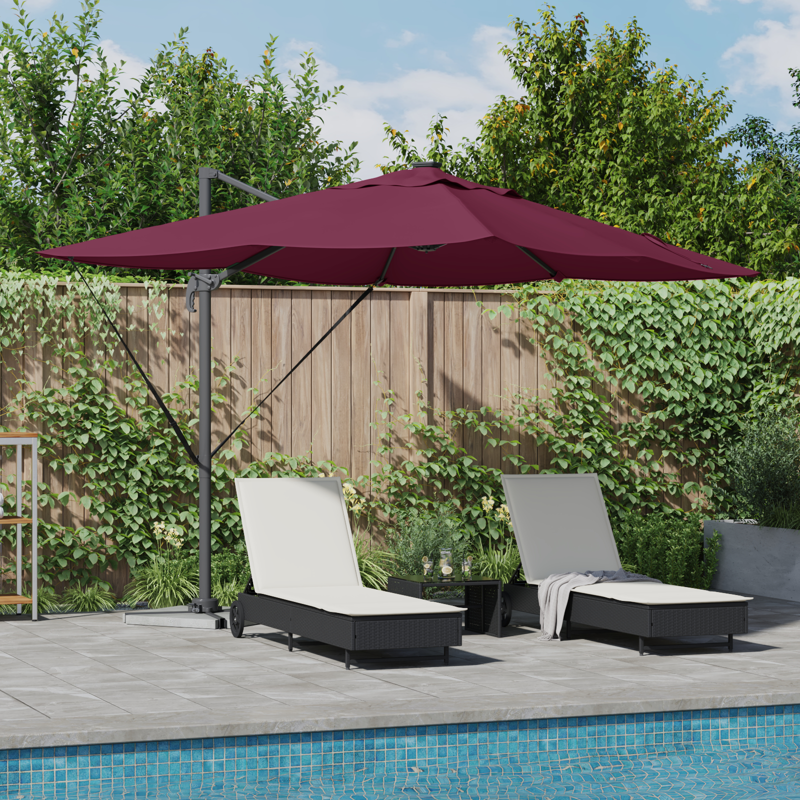 vidaXL Freischwingender Roma Sonnenschirm mit LEDs Bordeaux Rot 352x251x265 cm Aluminium