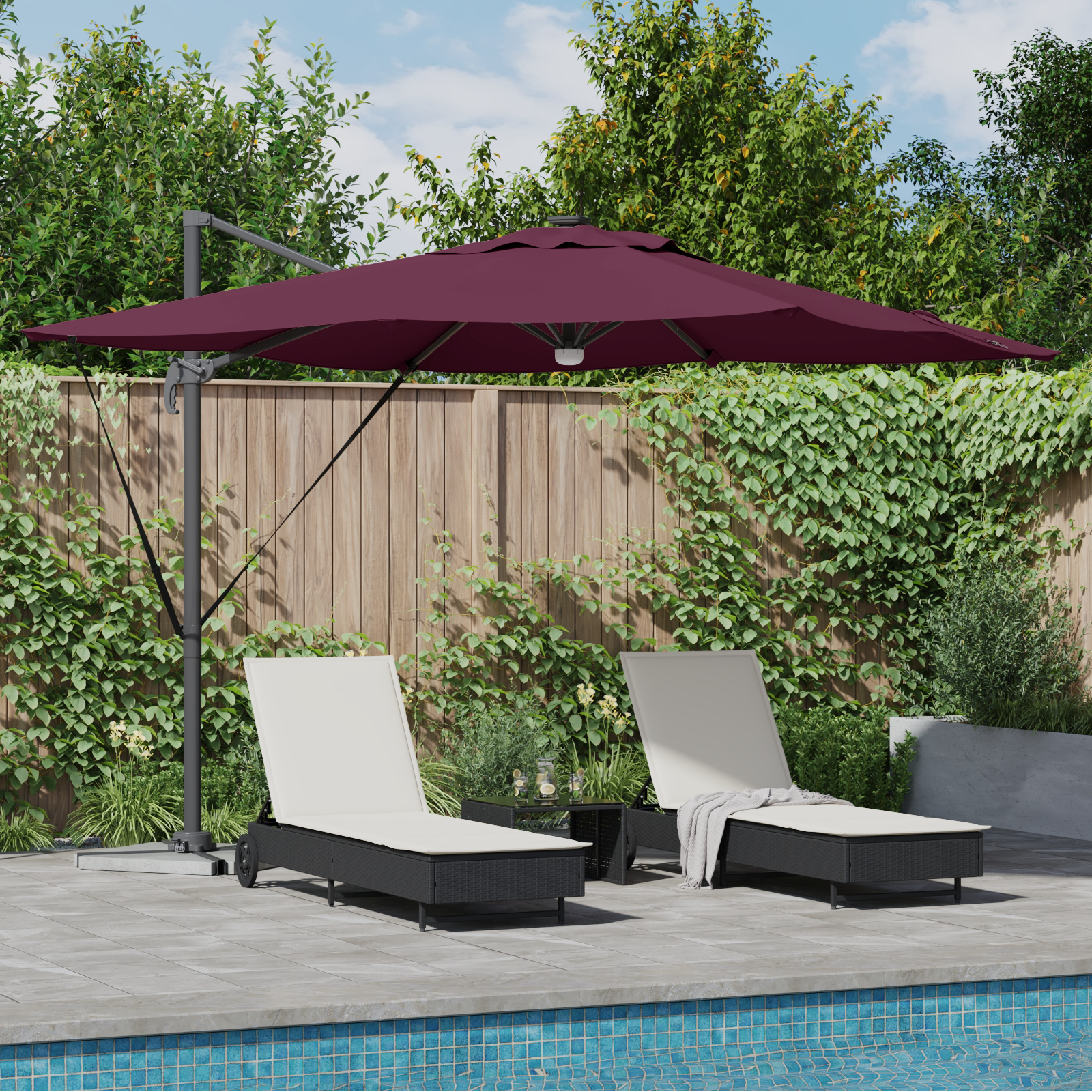 vidaXL Freischwingender Roma Schirm mit LEDs Burgunderrot 286x285x270 cm Aluminium