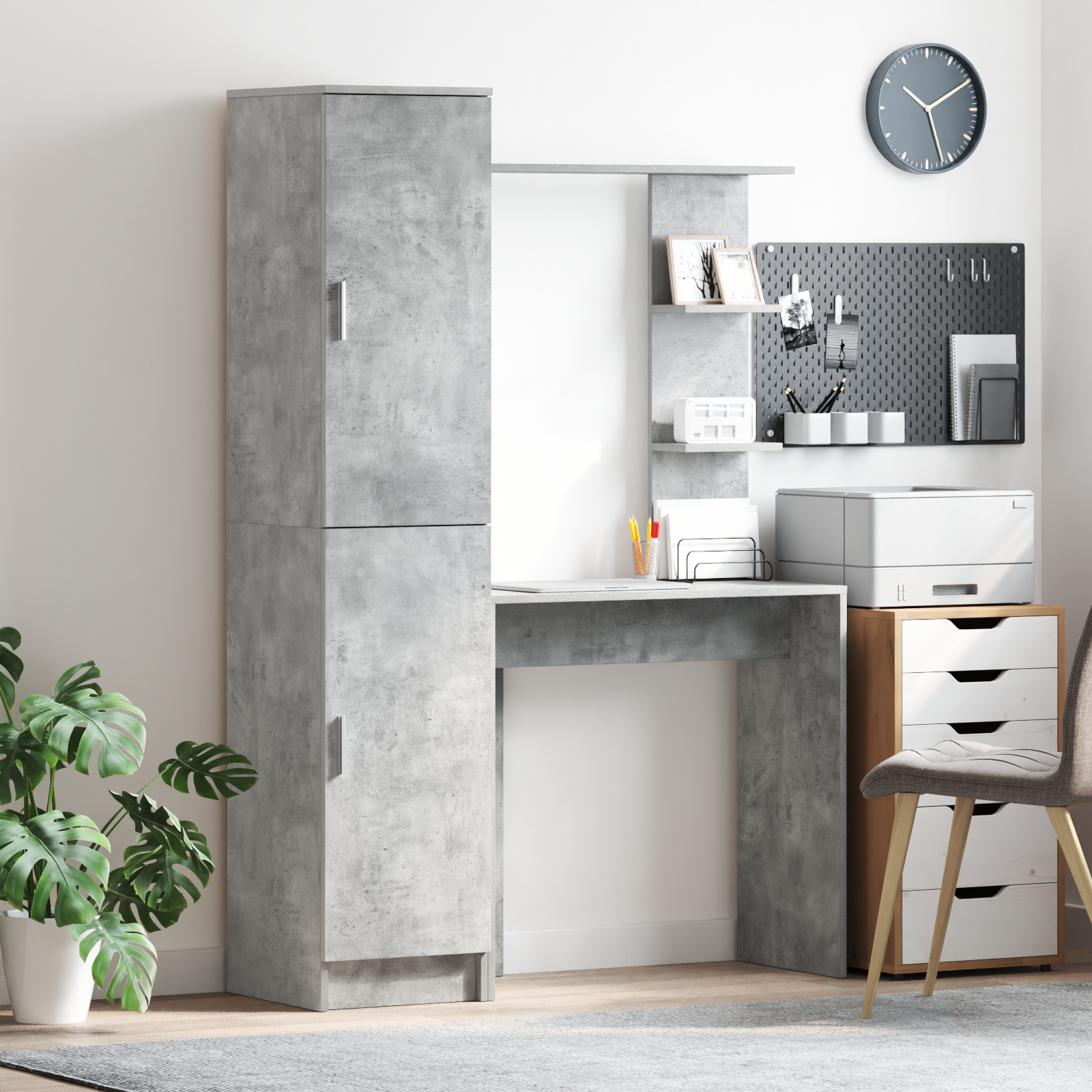 Schreibtisch mit Stauraum Betongrau Holzwerkstoff