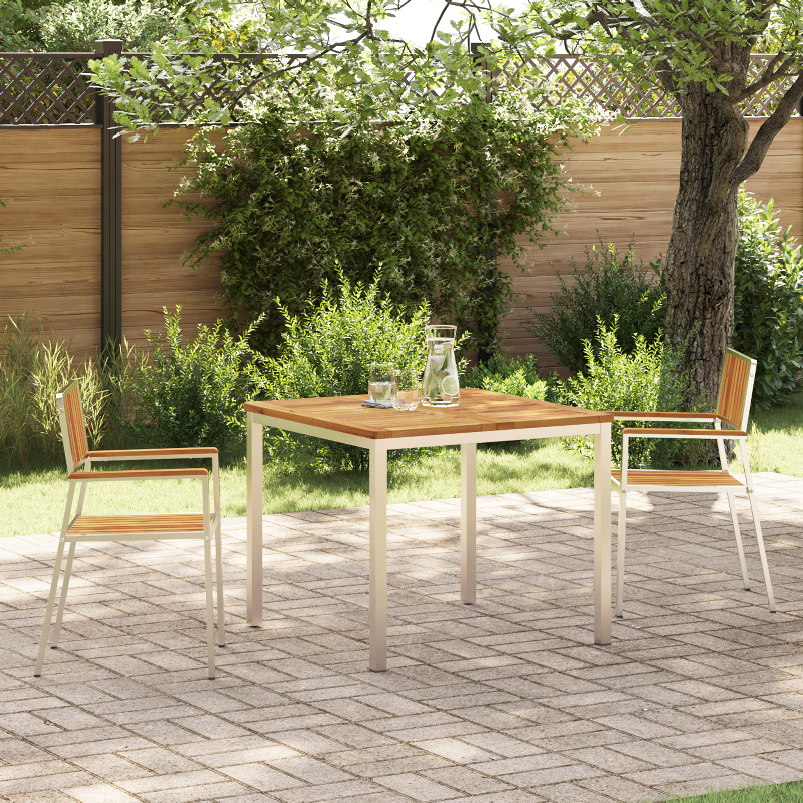 set od 3 dijela za blagovanje u vrtu od čvrstog drva bagrema, vidaXL vanjski stol za blagovanje 90x90x74.5 cm od čvrstog drveta bagrema, vidaXL stolići za vrt 2 komada od čvrstog drveta bagrema i metala