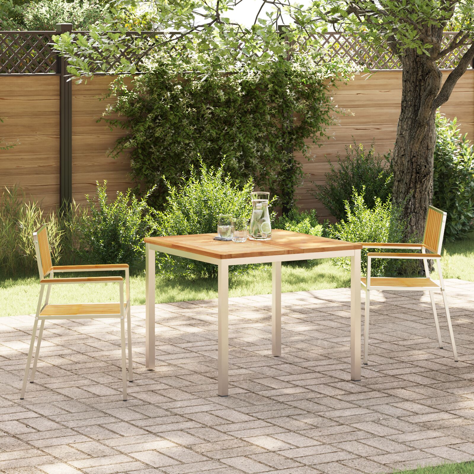3 Stykke Have Spisestel Solidt Teak Træ, vidaXL Udendørs Spisebord 90x90x74.5 cm Solidt Teak Træ, vidaXL Stabelbare Have Stole 2 stk Solidt Teak Træ og Metal