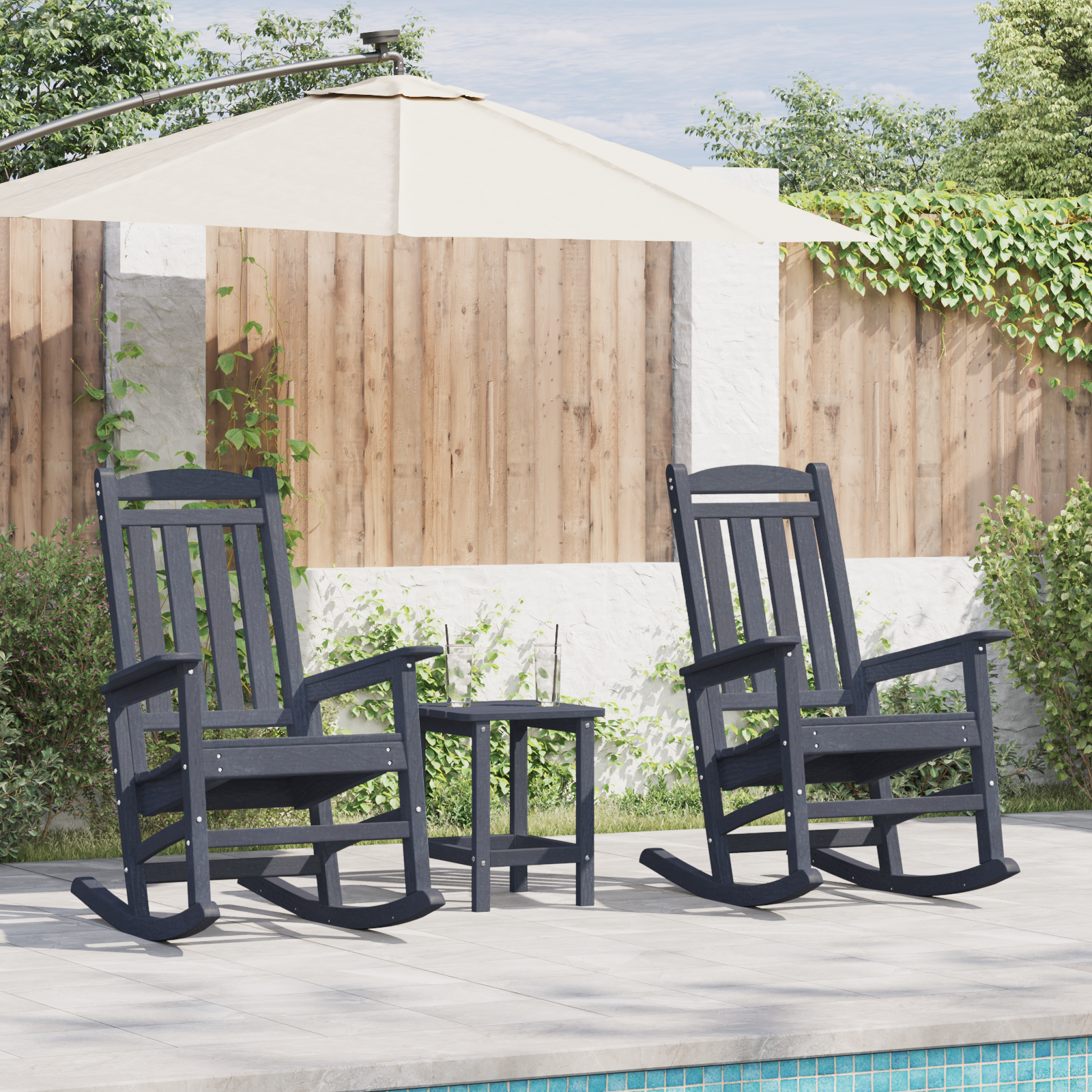 vidaXL 3 Teile Garten Lounge Set Marineblau HDPE,  Garten Schaukelstuhl Marineblau 70x92x108 cm HDPE,  Adirondack Beiste...
