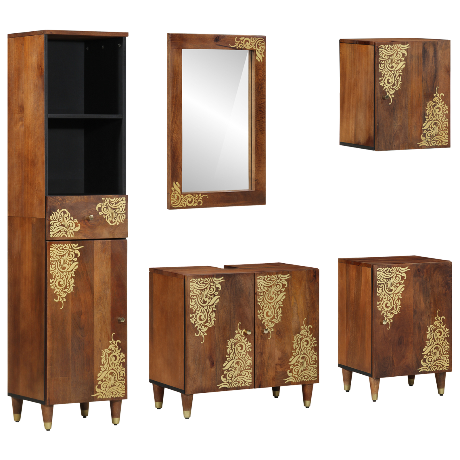 5-teiliges Badezimmermöbel Set Massivholz Mango, vidaXL Waschbecken Schrank 62x33x58 cm Massivholz Mango, vidaXL Badezimmerspiegel 50x70x3 cm Massivholz Mango, vidaXL Sideboard 38x33x160 cm Massivholz Mango, vidaXL Badezimmer Schrank 38x33x58 cm Massivholz Mango, vidaXL Badezimmer Wandregal 38x33x48 cm Massivholz Mango