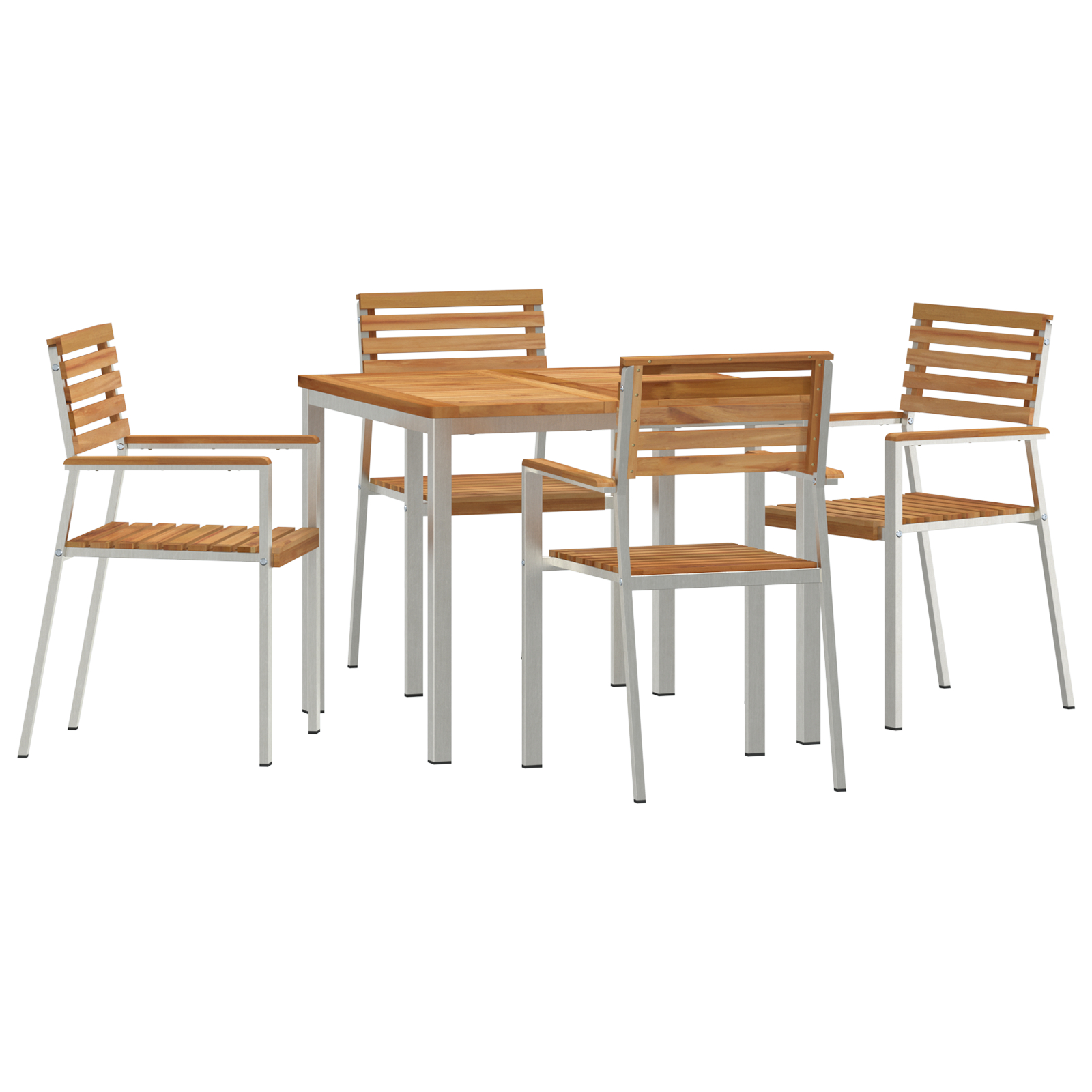 5-osainen puutarhan ruokailusetti täysistä tiikeistä, vidaXL ulkoruokailupöytä 90x90x74,5 cm täysistä tiikeistä, vidaXL pinottavat puutarhatuolit 4 kpl täysistä tiikeistä ja teräksestä