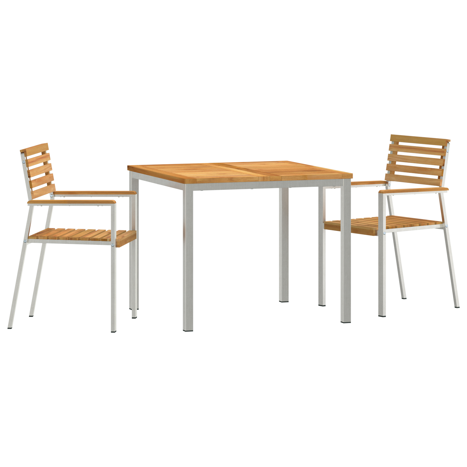 3-osainen puutarhan ruokailusetti kestävästä tiikkipuusta, vidaXL Ulkoruokailupöytä 90x90x74.5 cm kestävästä puusta, vidaXL Pinottavat puutarhatuolit 2 kpl kestävästä tiikkipuusta ja teräksestä