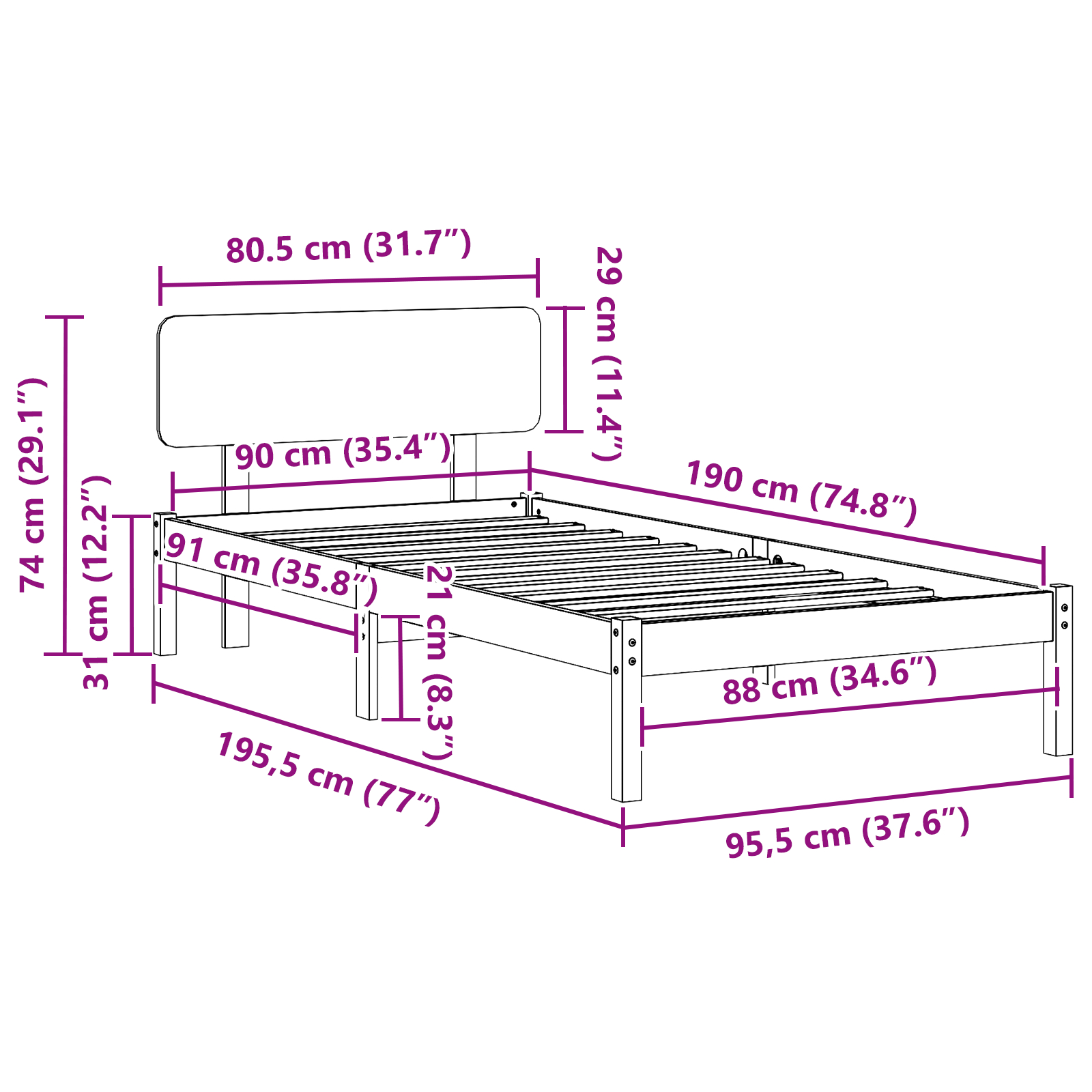Cadru de pat cu teta 90x190 cm Lemn masiv de pin [10]
