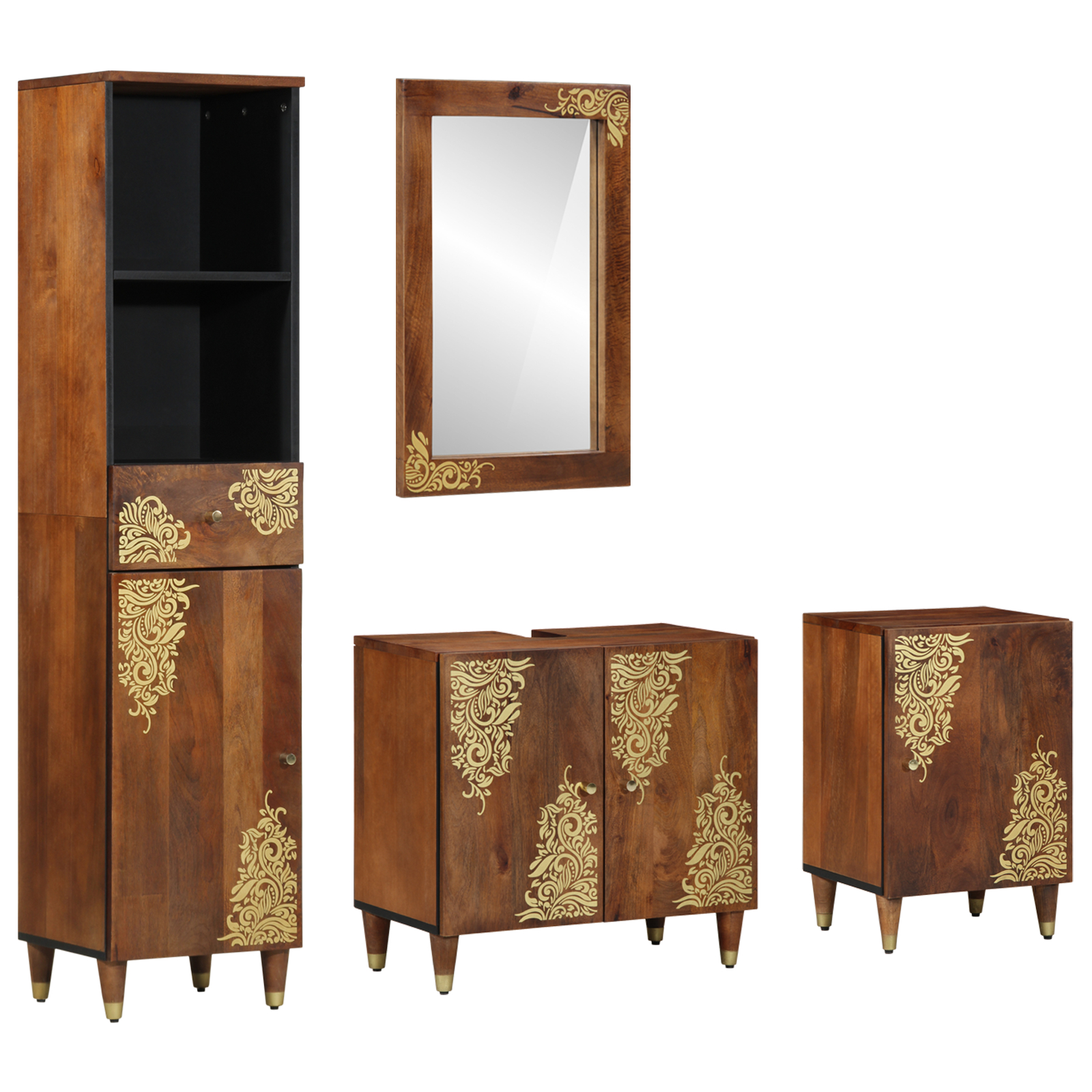 4-teiliges Badezimmermöbel Set aus massivem Mangoholz, vidaXL Badezimmer Waschbeckenunterschrank 62x33x58 cm aus massivem Mangoholz, vidaXL Badezimmer Spiegel 50x70x3 cm aus massivem Mangoholz, vidaXL Sideboard 38x33x160 cm aus massivem Mangoholz, vidaXL Badezimmer Schrank 38x33x58 cm aus massivem Mangoholz