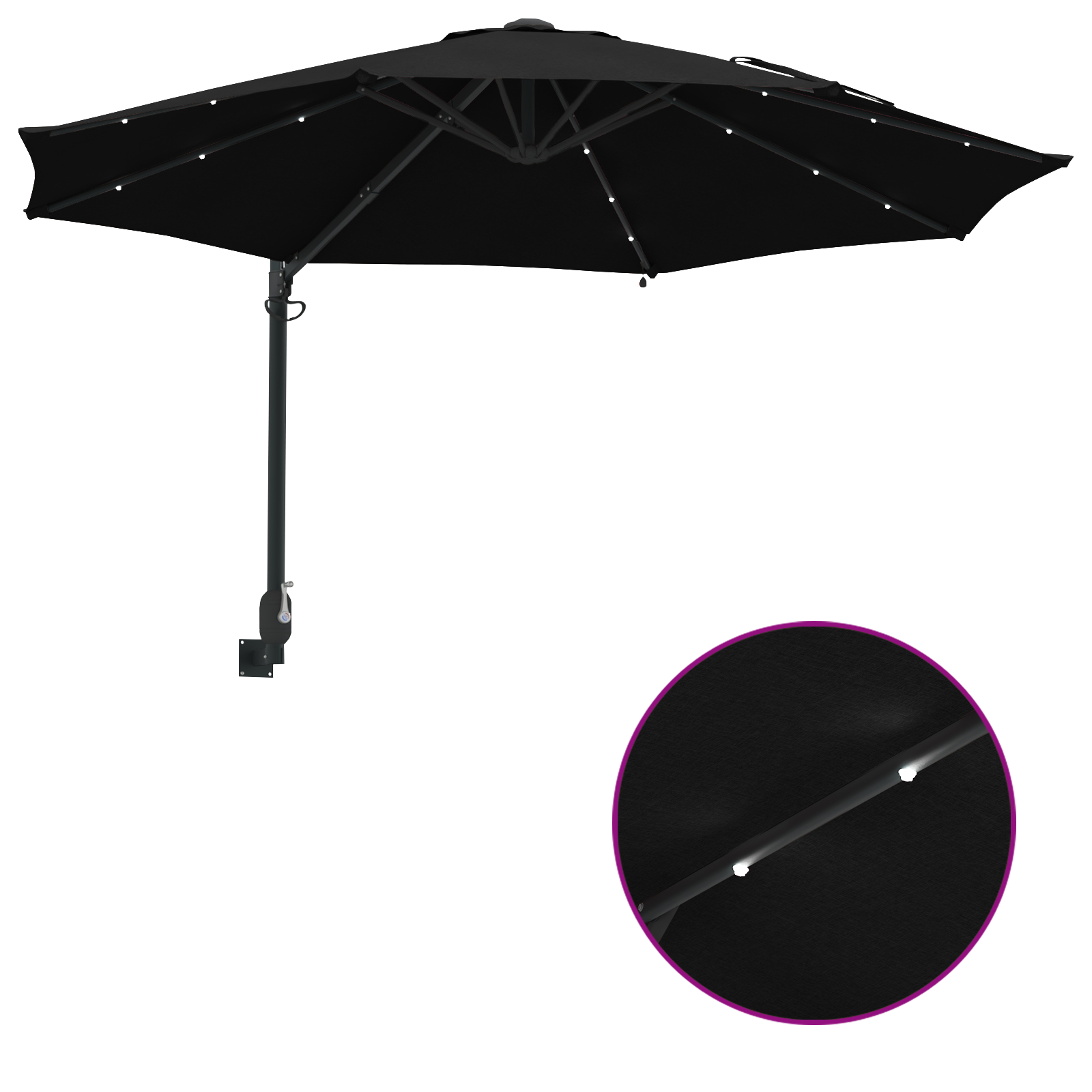 vidaXL Wandmontage Tuinparasol met LED's Zwart 248 cm - Afbeelding 11