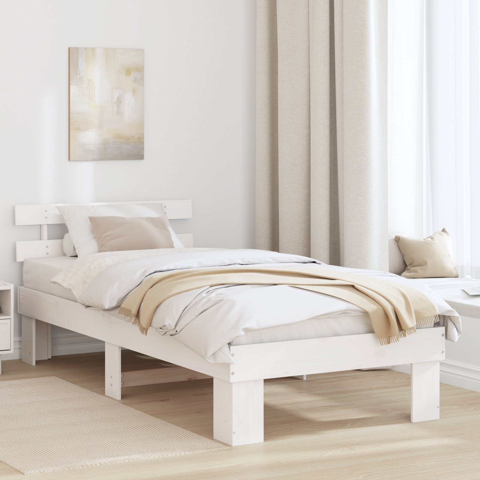 Paturi si accesorii - Cadru de pat cu tablou Alb 100x200 cm Lemn masiv de pin