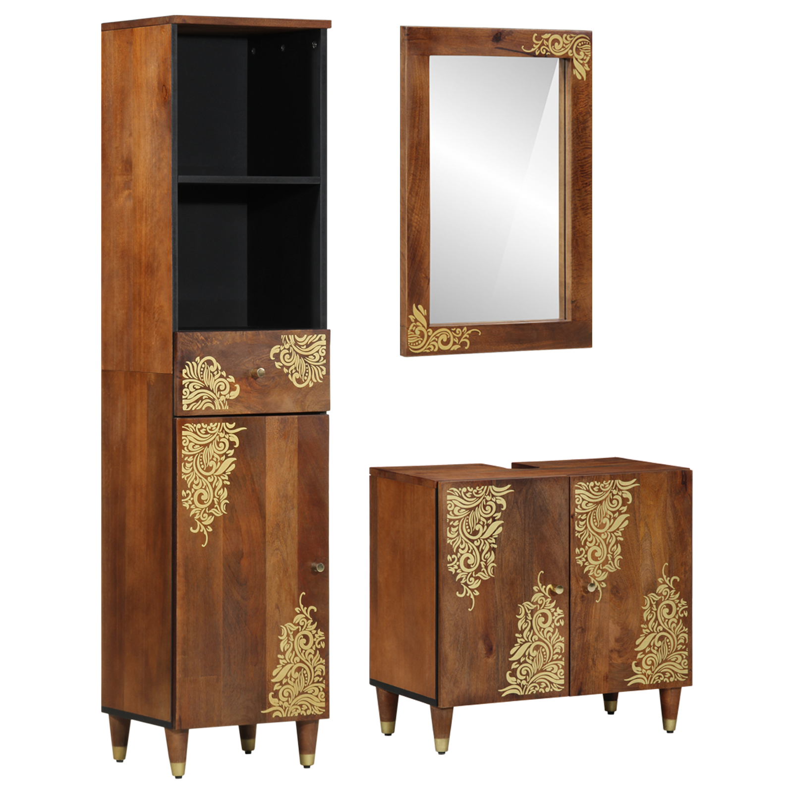 3-teiliges Badezimmermöbel Set aus massivem Holz Mango, vidaXL Waschbecken-Schränke 62x33x58 cm aus massivem Holz Mango, vidaXL Spiegel 50x70x3 cm aus massivem Holz Mango, vidaXL Sideboard 38x33x160 cm aus massivem Holz Mango