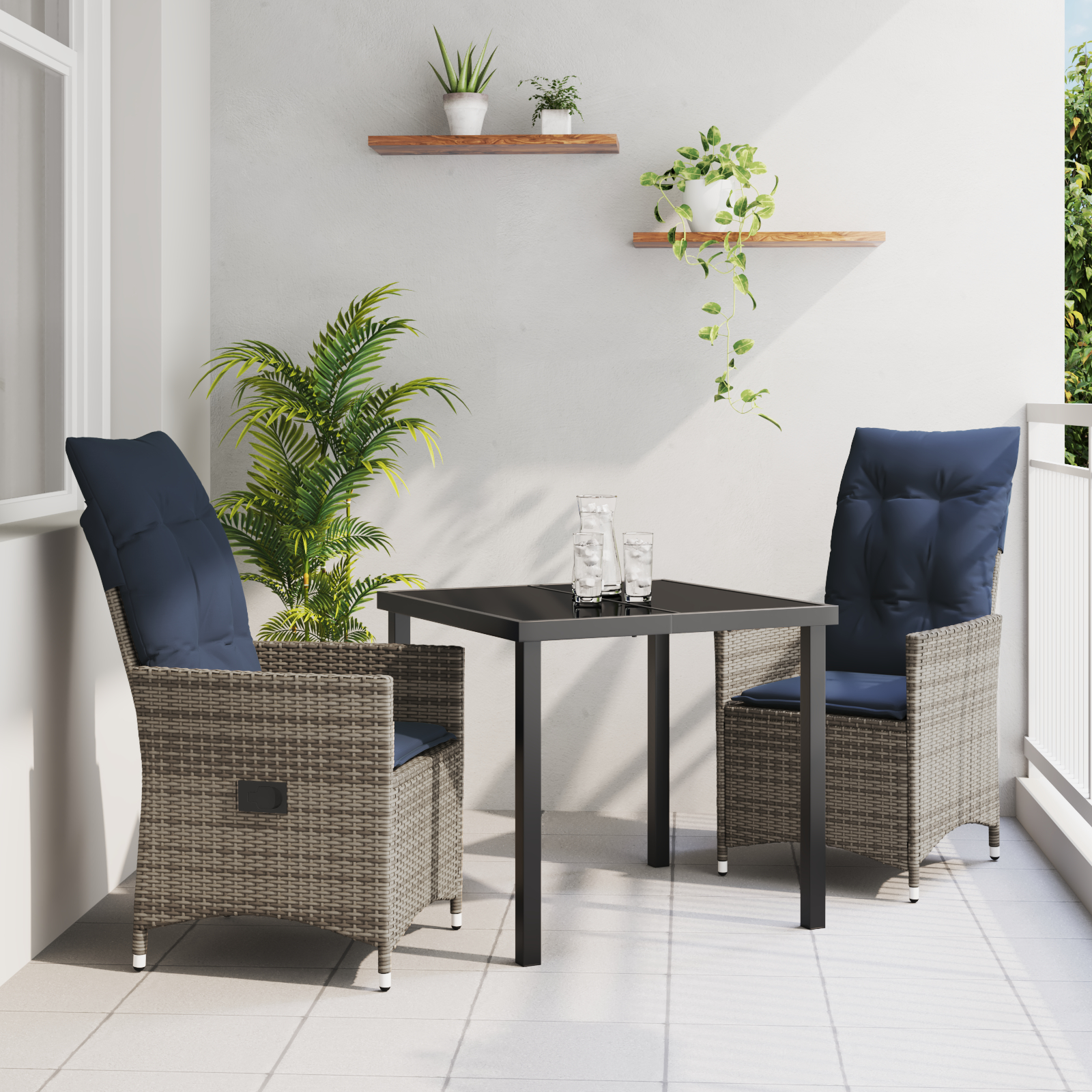 3-delt Havemøbel Sæt med Puder Grå Poly Rattan, vidaXL Havebord Sort 80x80x73 cm Tempereret Glas