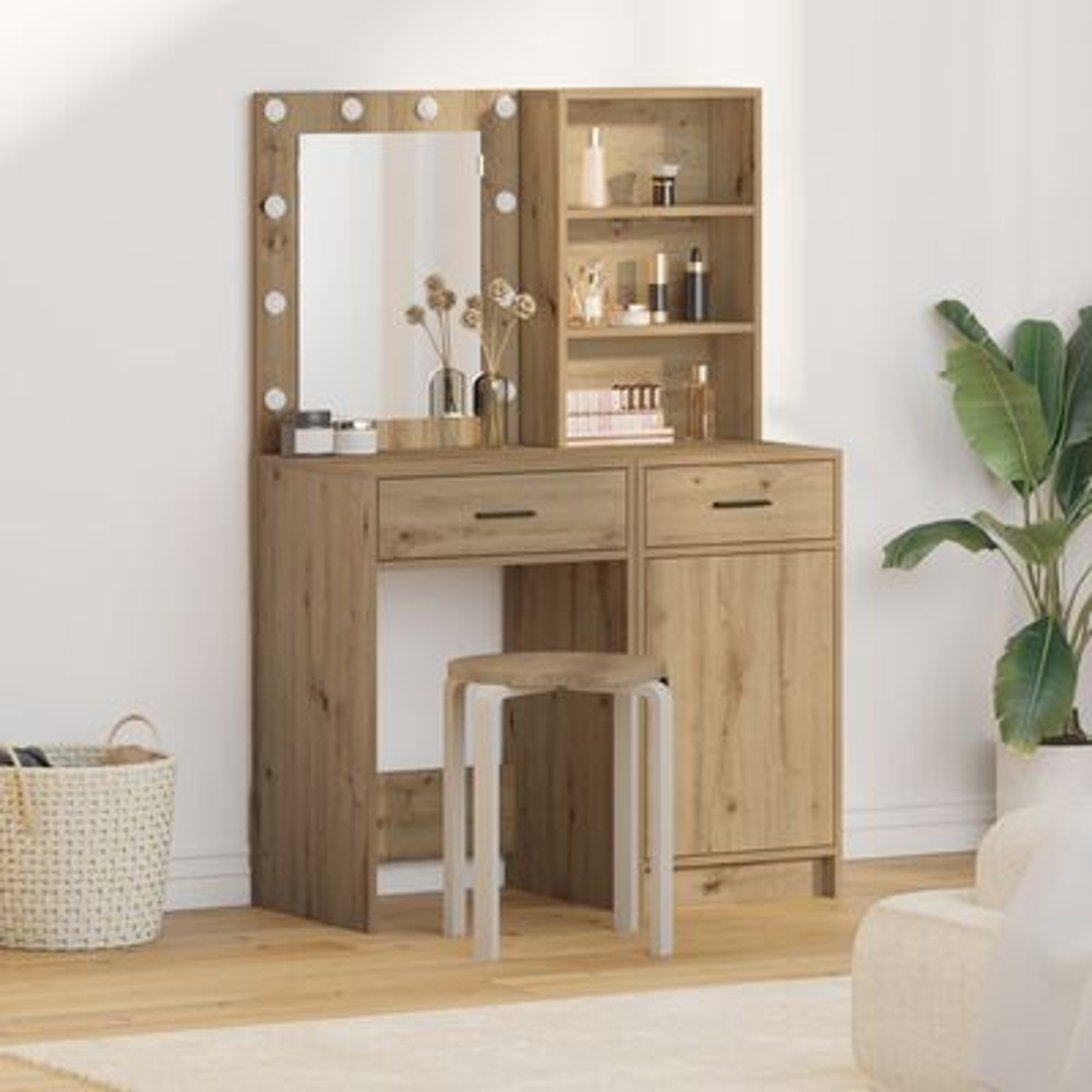 2 Piece Dressing Table Set with LED Artisan Oak Engineered Wood - Image 4
