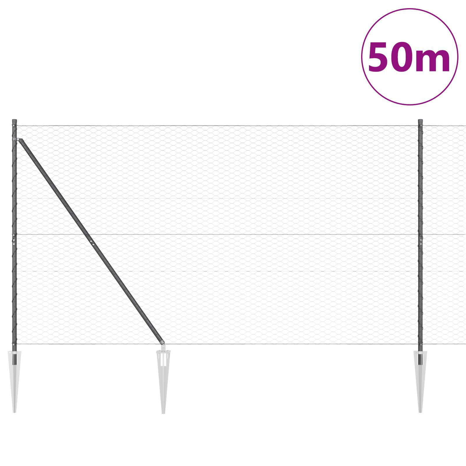 Thumbnail - vidaXL Hexagon Zaun Grau 1,5x50 m Stahl,  Zaunpfähle mit Spike 13 Stk Ø32 mm 170 cm verzinkter Stahl