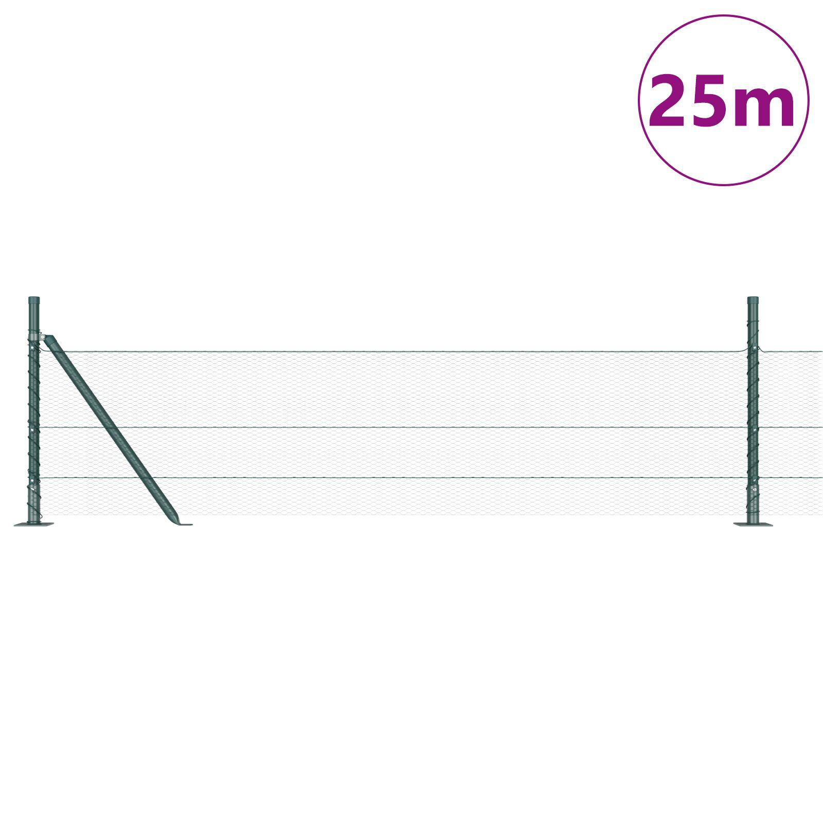 Thumbnail - vidaXL Sechseckzaun Grün 0.4x25 m Stahl,  Zaunpfosten mit Fußplatten 13 Stück Ø32mm 50cm feuerverzinkter Stahl