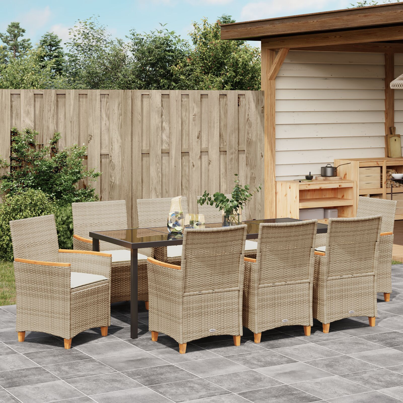 Thumbnail - vidaXL 9-teiliges Garten-Essstuhl-Set mit Kissen Beige Poly Rattan