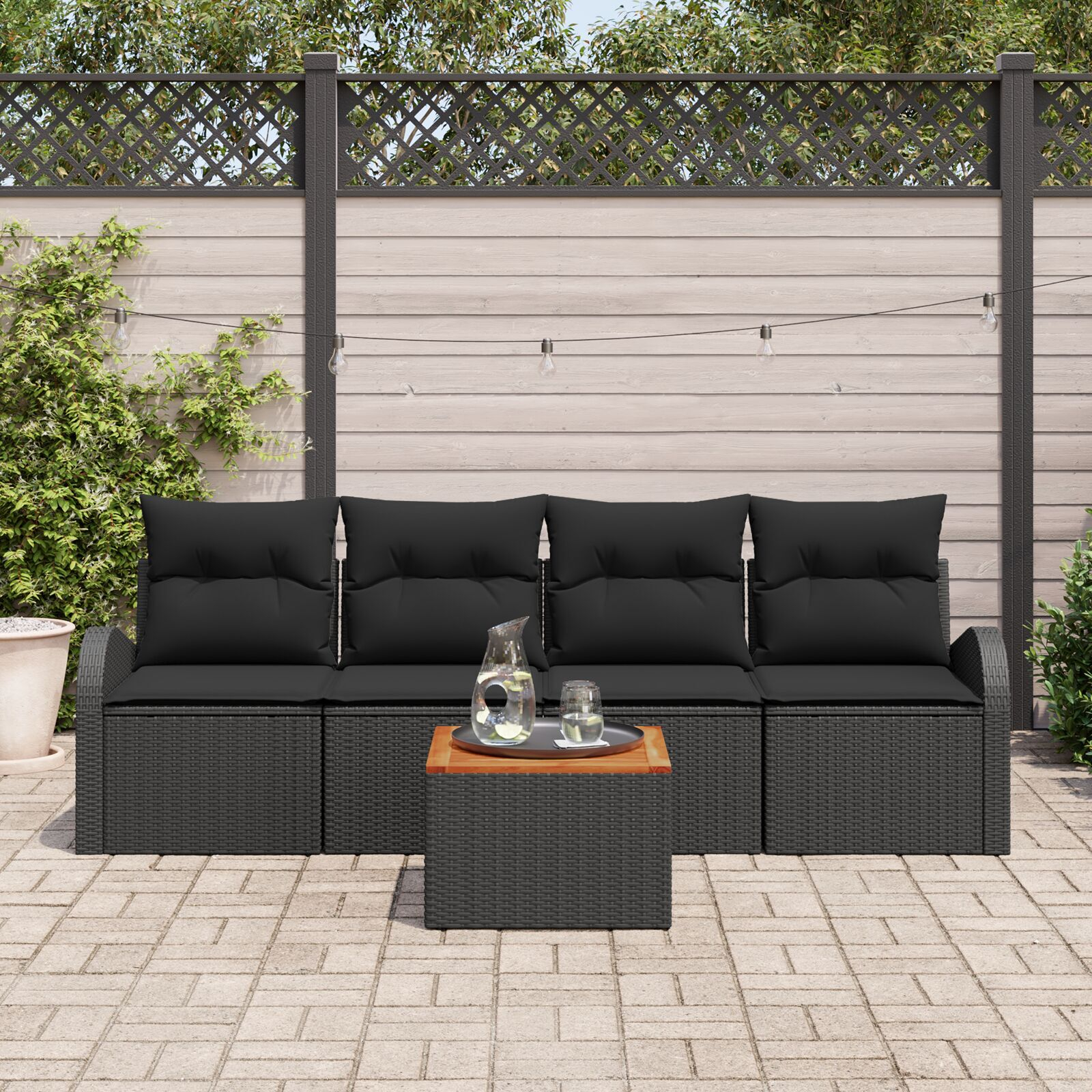 Thumbnail - vidaXL 5-teiliges Garten Sofa Set mit Kissen Schwarz Poly Rattan Akazie, 2-Sitzer Garten Sofa mit Stauraum und Kissen S...