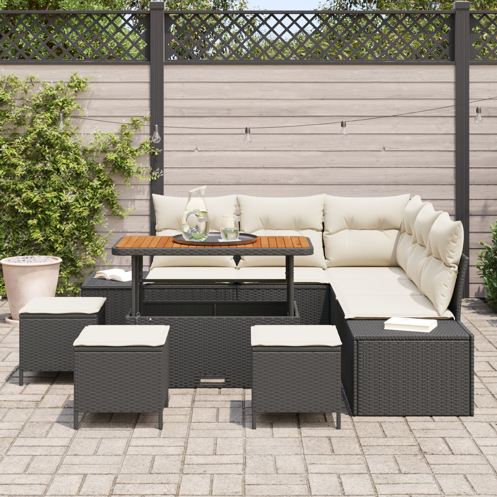 Thumbnail - vidaXL 9-teiliges Garten Sofaset mit Kissen Schwarz Poly Rattan Akazie, 2-Sitzer Garten Sofa mit Kissen Schwarz Poly Ra...