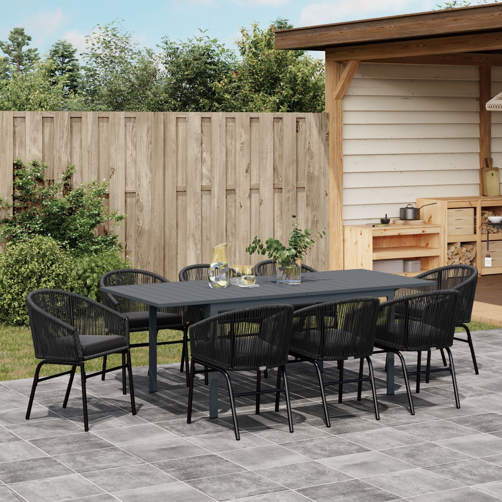 10 osan puutarhan ruokailusetti tyynyillä Musta Poly Rattan, vidaXL Laajennettava puutarhapöytä Antrasiitti (140-210)x90x73 cm Teräs - Image 3