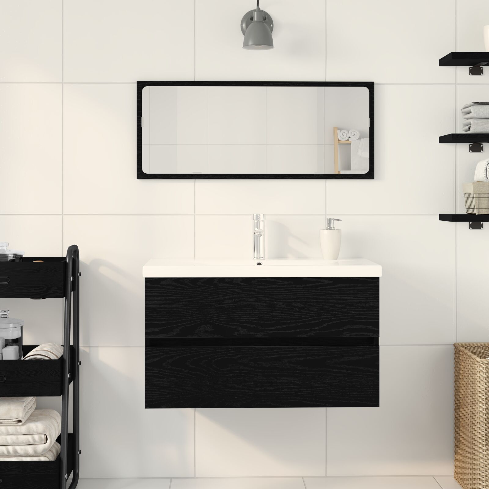 Waschbeckenunterschrank mit eingebautem Waschbecken Schwarz Eiche Holzwerkstoff, vidaXL Waschbeckenunterschrank Schwarz Eiche 80x38,5x45 cm Holzwerkstoff – Bild 4