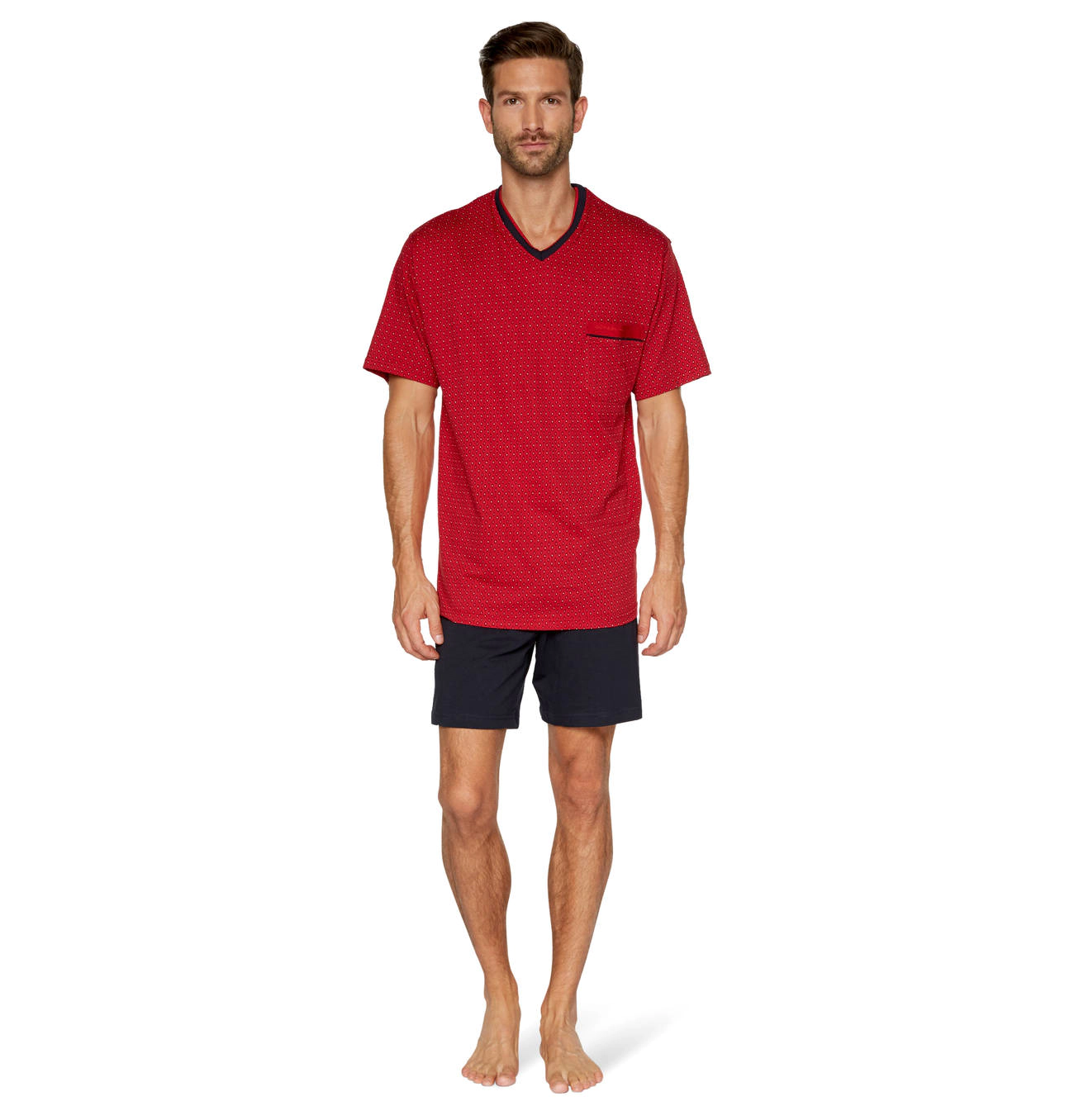 GöTzburg Schlafanzug "Alan", Minimal-Print, V-Ausschnitt, FüR Herren, Blau|Rot, 48