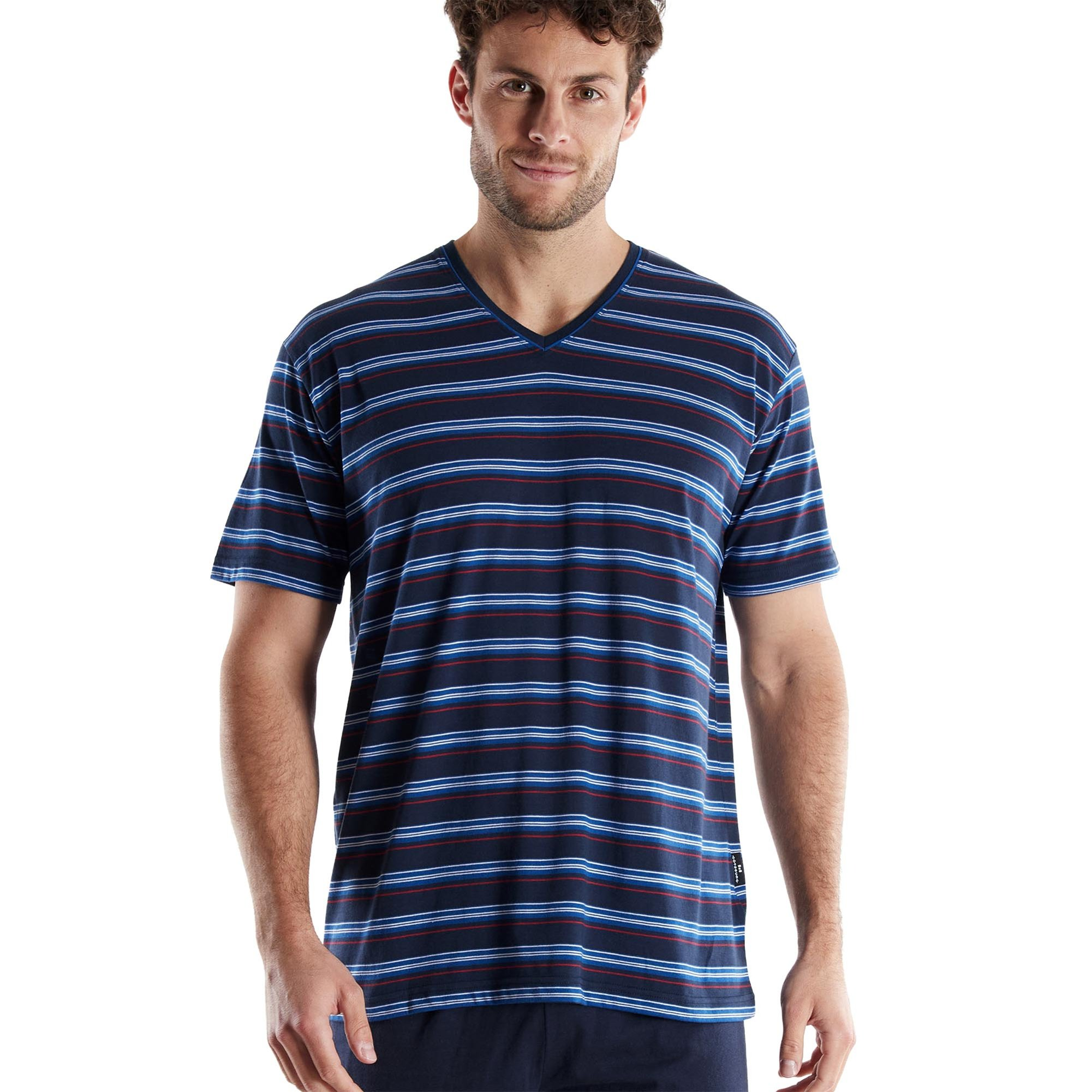 GöTzburg Herren Schlafanzug, Kurz - Shorty, V-Ausschnitt, Gestreift, Baumwolle, Pyjama, Blau, 2XL