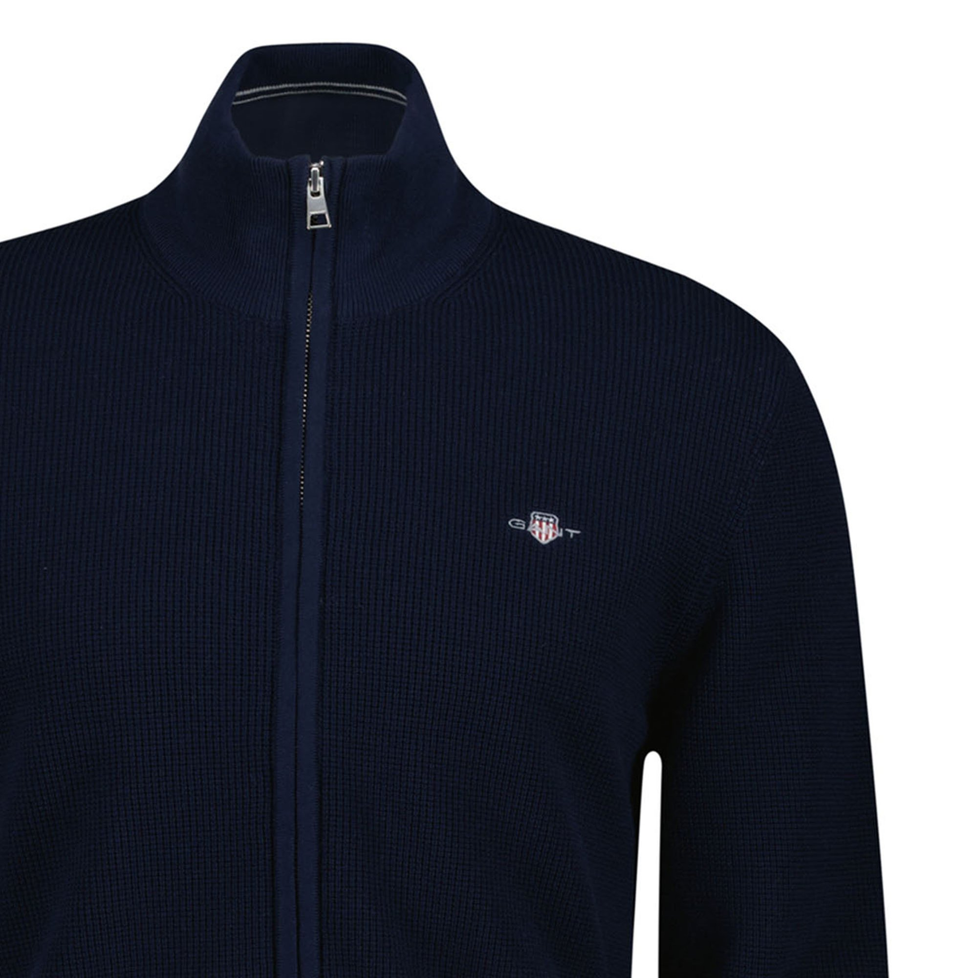 Gant Herren Stirckjacke Mit Stehkragen - Micro Textured Cotton Zip Cardigan, Baumwolle, Blau, 3XL