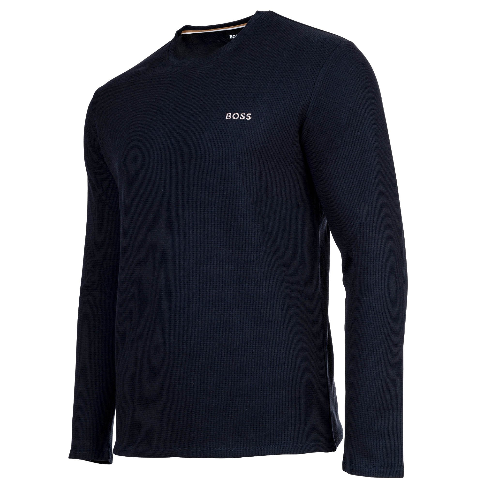 Boss Herren Langarmshirt, Waffeloptik - Waffle Longsleeve, Rundhals, Logo, Baumwollmischun, Blau, 2XL