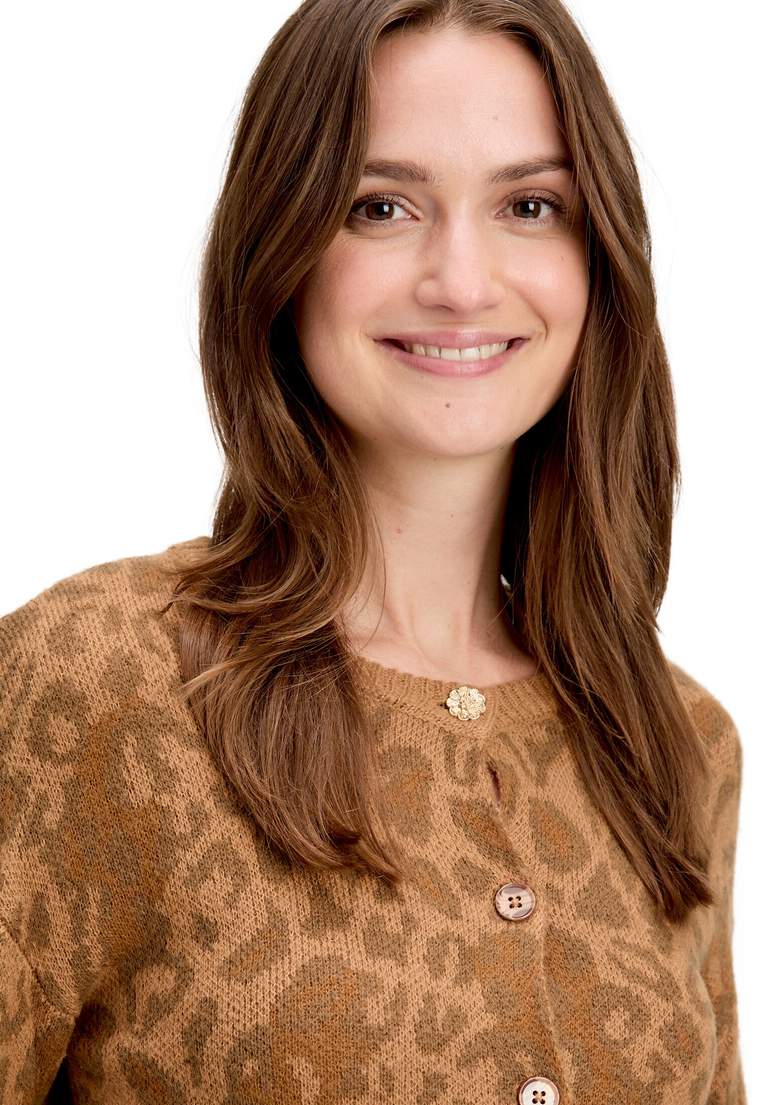 Cartoon Strick-Cardigan Mit Rundhalsausschnitt, Braun, 34