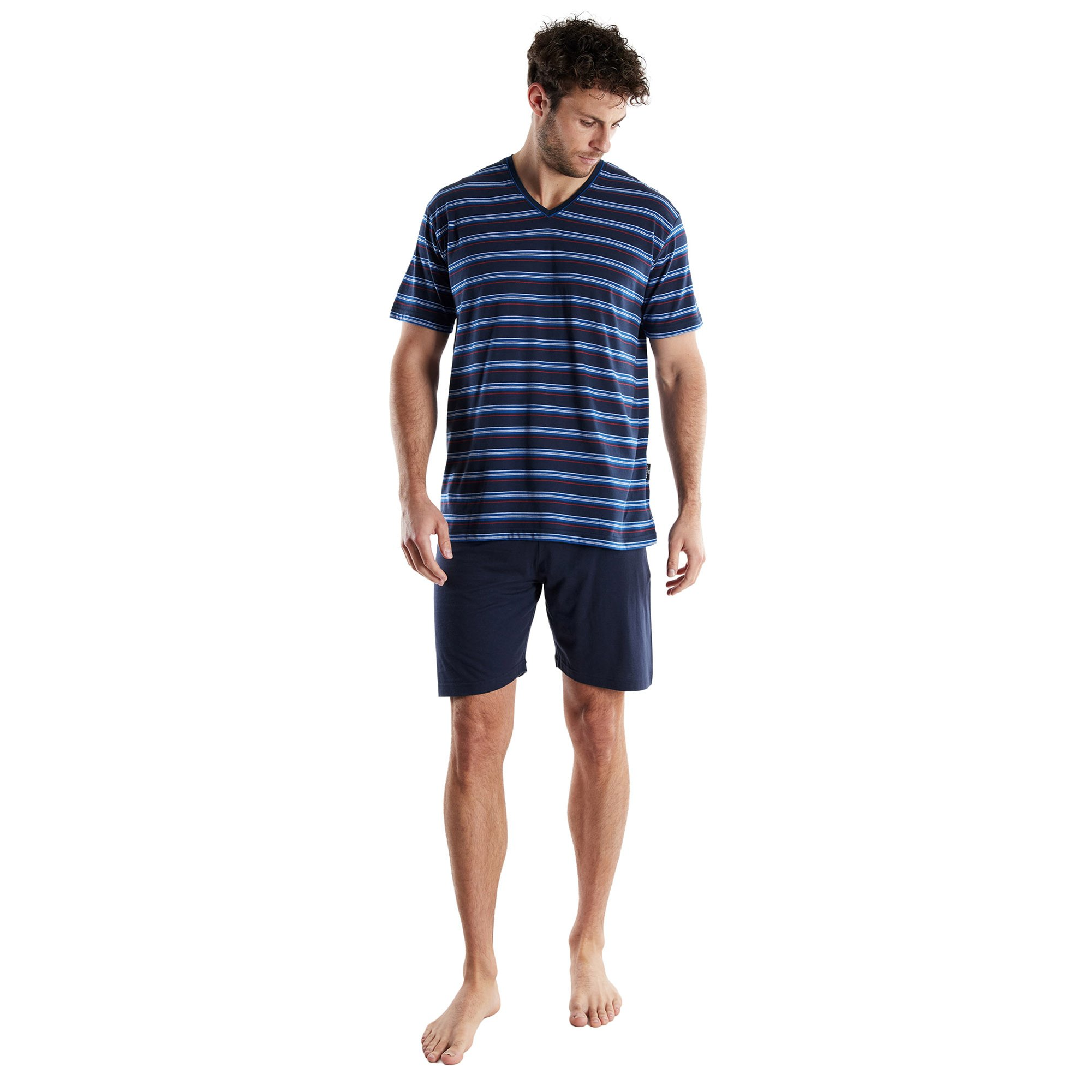 GöTzburg Herren Schlafanzug, Kurz - Shorty, V-Ausschnitt, Gestreift, Baumwolle, Pyjama, Blau, Xl