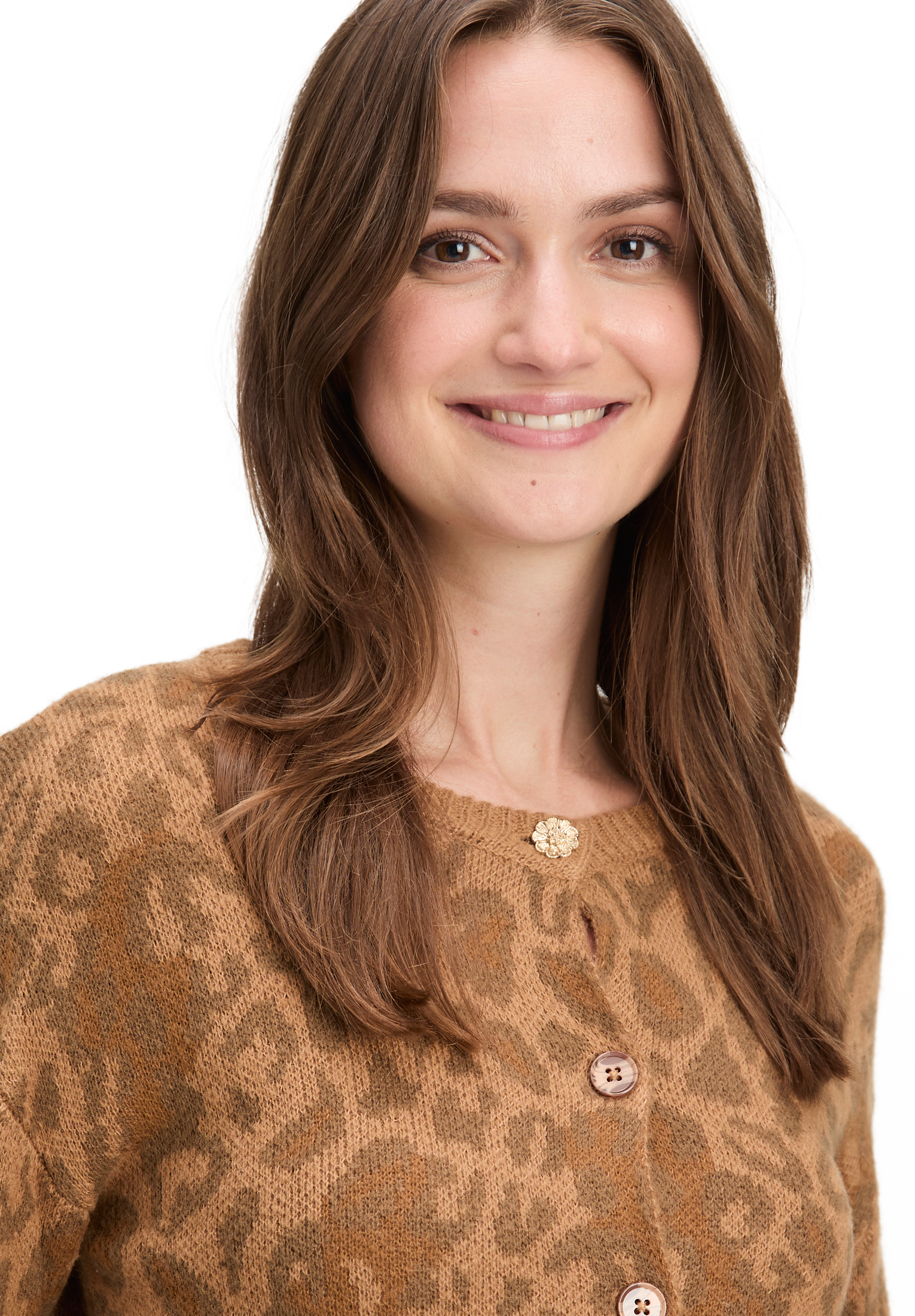 Cartoon Strick-Cardigan Mit Rundhalsausschnitt, Braun, 36