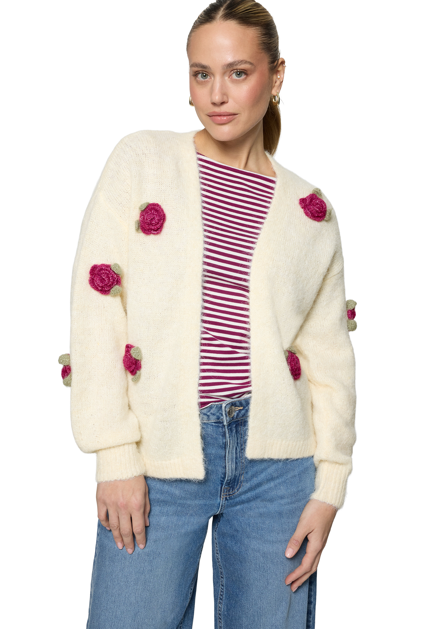 Zero Grobstrickjacke Mit Blumen, Weiß, S