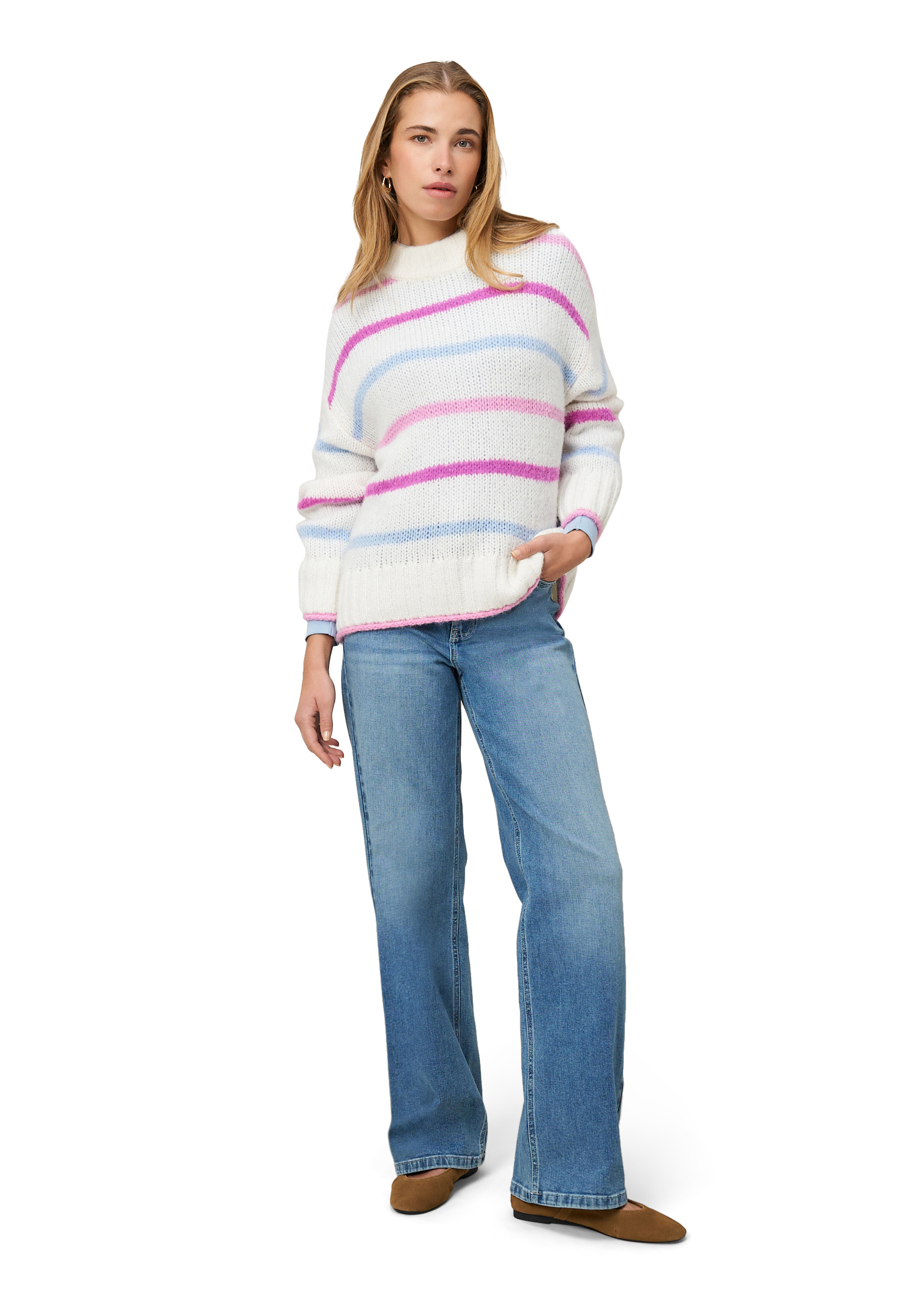 Zero Grobstrickpullover Mit Streifen, Weiß, L